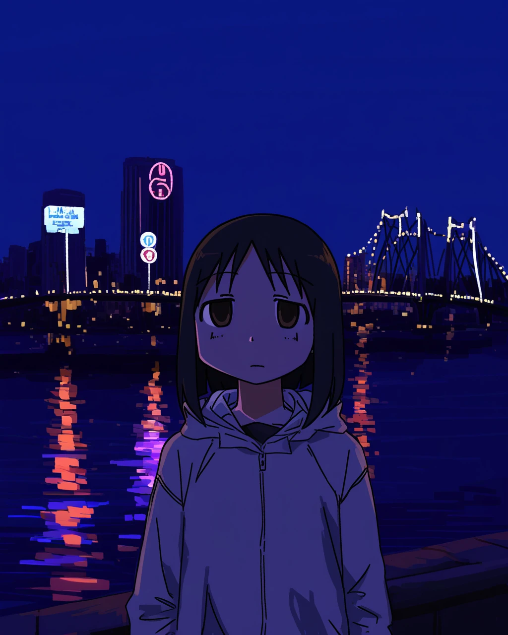 best quality, very aesthetic, very awa, simple background, outdoors, osaka \(city\), channel, river, bridge, night, neon, signs, building,  BREAK
1girl,  kasuga ayumu, azumanga daioh, upper body, standing, looking at viewer, half-closed eyes,  <lora:prasetyoadii22:1>