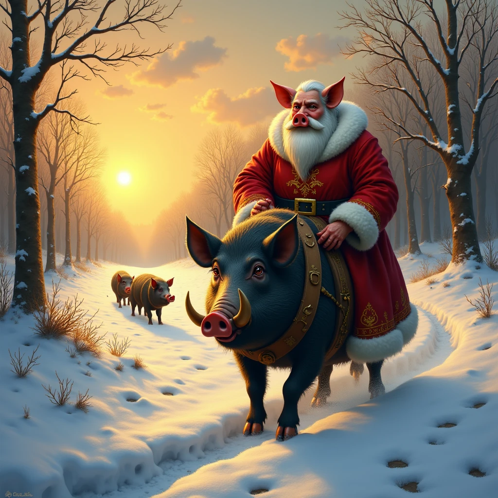 Imagine an image in the style of a Romantic-era landscape: An anthropomorphic pig creature, the Hogfather, in a red Santa suit, rides his massive boar across a snow-covered field at dawn. The glowing golden sunrise bathes the scene, and magical sparkles drift gently through the crisp air.