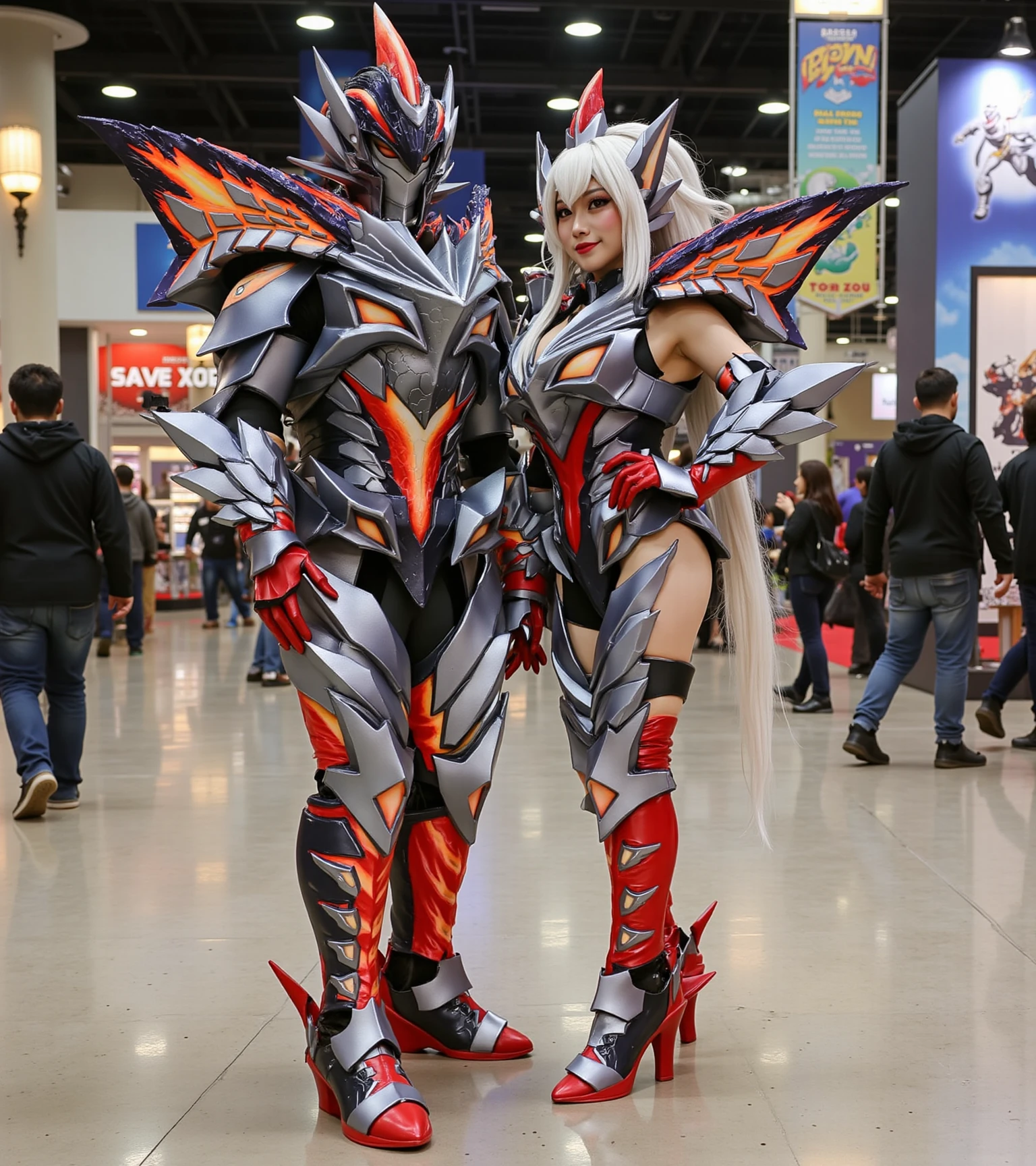 cinematic photo HDR photo of mhrvvalstraxarmor, two people are taking a group photo,a man wear a red and sliver costume and red shoes shoes, a man and woman standing in front of a crowd of people , a beauty asian female who wear a red and sliver costume full  arrmor , featuring stunning white long hair cascading around her shoulders, slim body adorned with iconic twin tails . Her eyes, a vivid shade of  emerald red,  big breast which her ares and hands in rest pose taking a group photo a cosplayer man ,Cinematic photography of a realistic one man solo cosplaying,His eyes, a vivid shade of emerald red and The setting is indoors at a bustling convention hall, with other attendees in various costumes in the background. The hall is decorated with banners and booths showcasing different fandoms, creating a vibrant and energetic atmosphere typical of major cosplay events like Comic-Con or Anime Expo. sparkle with a blend of enthusiasm and playfulness, capturing the essence of the beloved character, male In this dynamic portrait ,standing in to full body  featuring stunning sparkle with a blend of enthusiasm and playfulness, capturing the essence of the beloved charactercurtain,    <lora:cosplay_flux_V1:0.4>, ggasia11k cosplay concept ,<lora:mhrvvalstraxarmor:1> . High dynamic range, vivid, rich details, clear shadows and highlights, realistic, intense, enhanced contrast, highly detailed, 35mm photograph, film, bokeh, professional, 4k, highly detailed