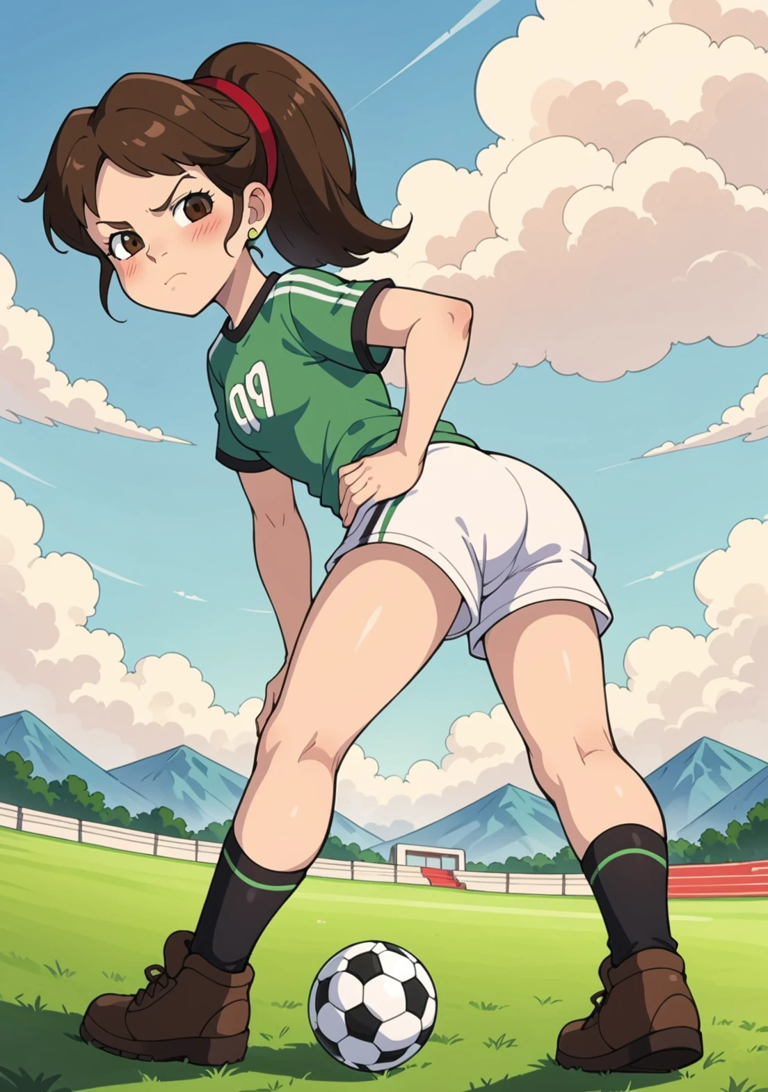 score_9, score_8_up, score_7_up, source_anime, BREAK, Emmy_(Dragon Tales), Emmy, 1girl, solo, brown hair, legs, big hips,  ponytail, red hairband, brown eyes,jewelry, sky, full body, cloud, mountain range, brown footwear, soccer shoes, knee socks, shoes, solo, green shirt, sportswear, soccer uniform, 1girl, shorts, white shorts,  from below, looking to the side, standing, posing, holding soccer ball, one hand on hip, looking at viewer, mad, angry, blush, leg up, grass,  soccer goal, fantasy   <lora:EmmyDragonTales-000009:0.9>