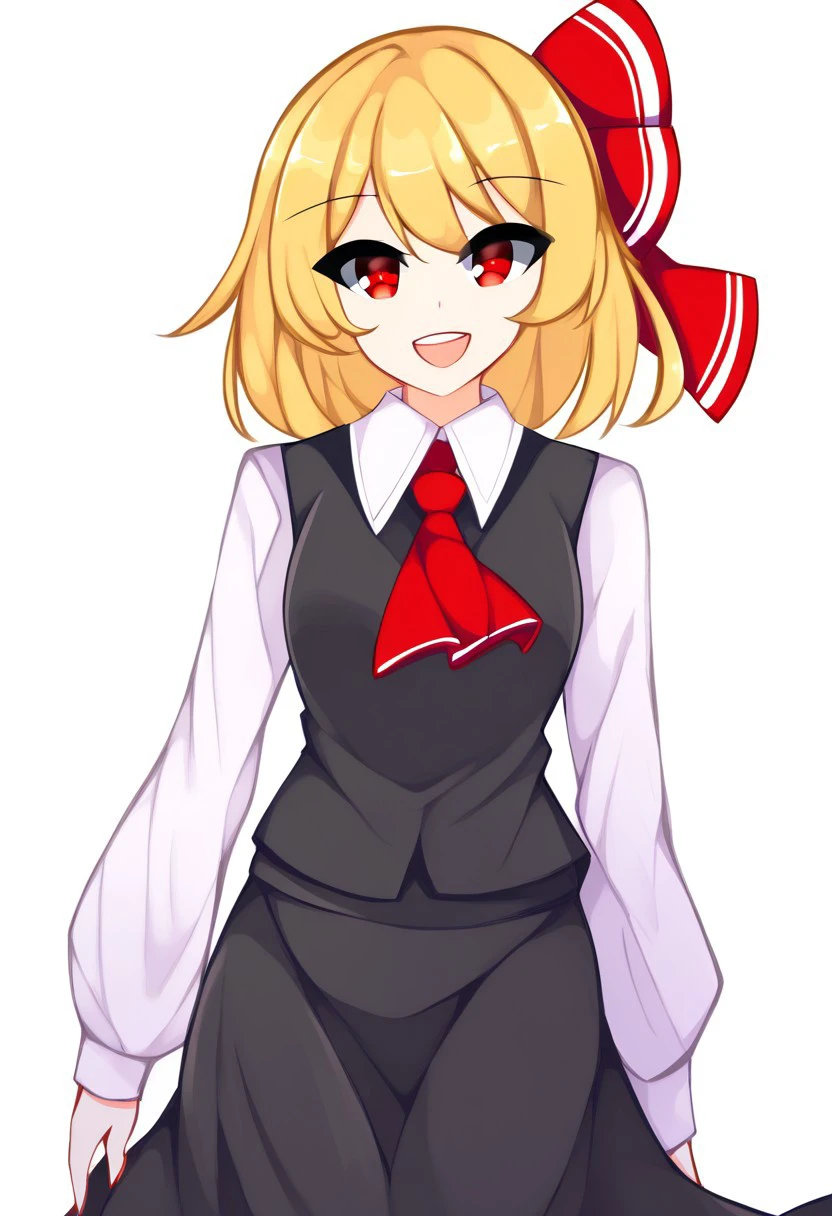 ((KaliningradG style)), ((white background)), ((solo)), (1girl), looking at viewer, ((rumia)), standing, posing, open mouth, smile, blonde hair, red eyes, hair ribbon, black vest, white shirt, long sleeves, black skirt, red ascot,