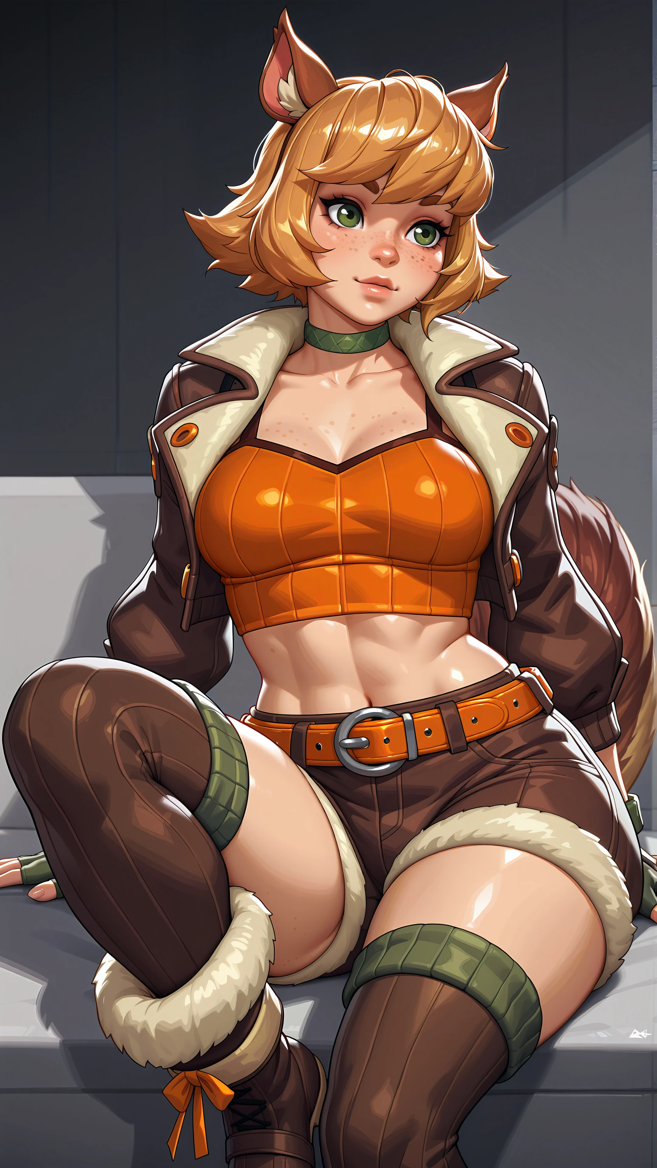 absurdres, 1girl, squirrel girl, animal ears, squirrel tail, short hair, blonde hair, green eyes, freckles, green choker, brown jacket, orange top, dark fingerless gloves, midriff, brown fur-trimmed shorts, orange belt, brown thighhighs, fur-trimmed boots, sitting, one leg raised