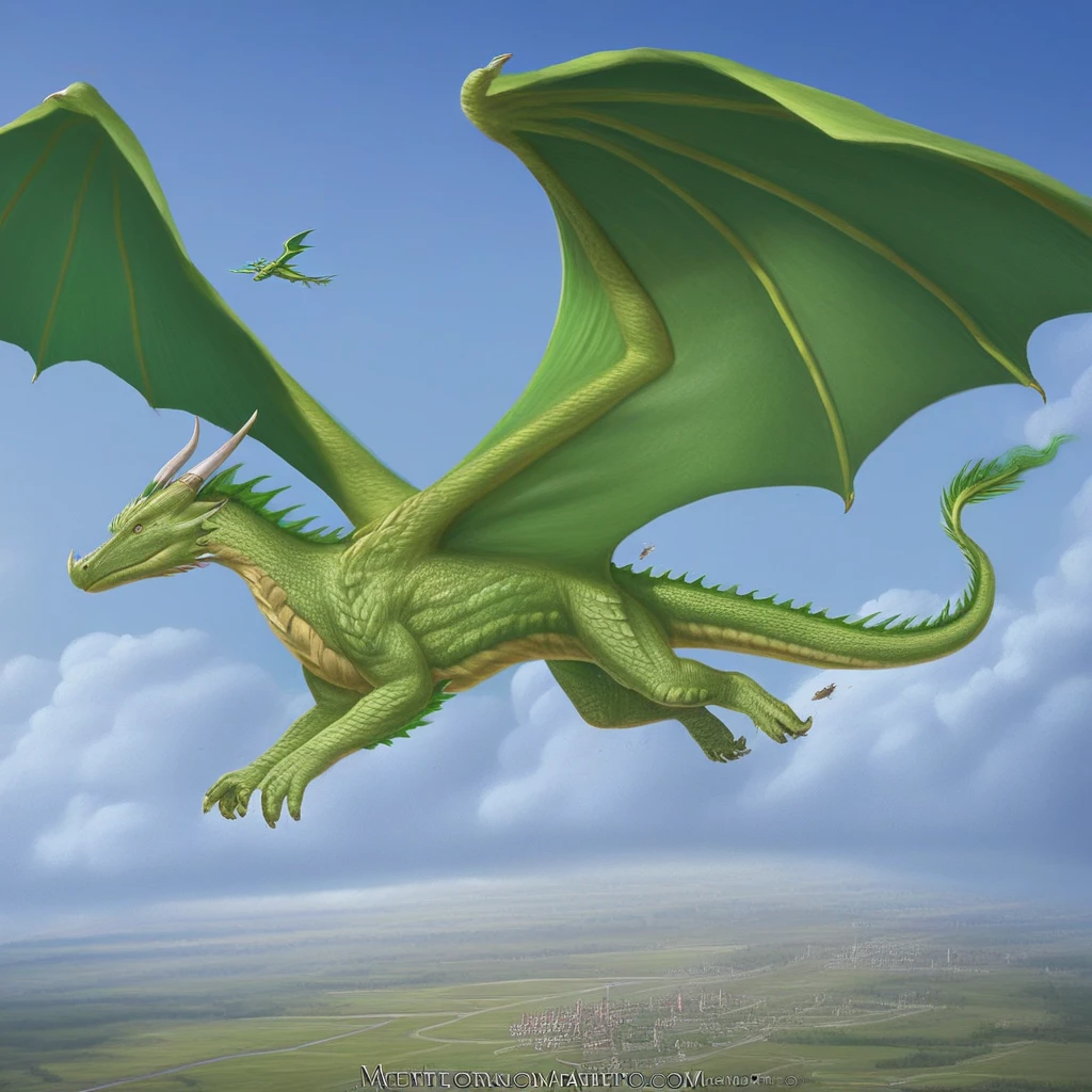 Dragon , big , green dragon , flying , sky background , high quality , masterpiece , high effort , detailed , very detailed , fantasy artwork