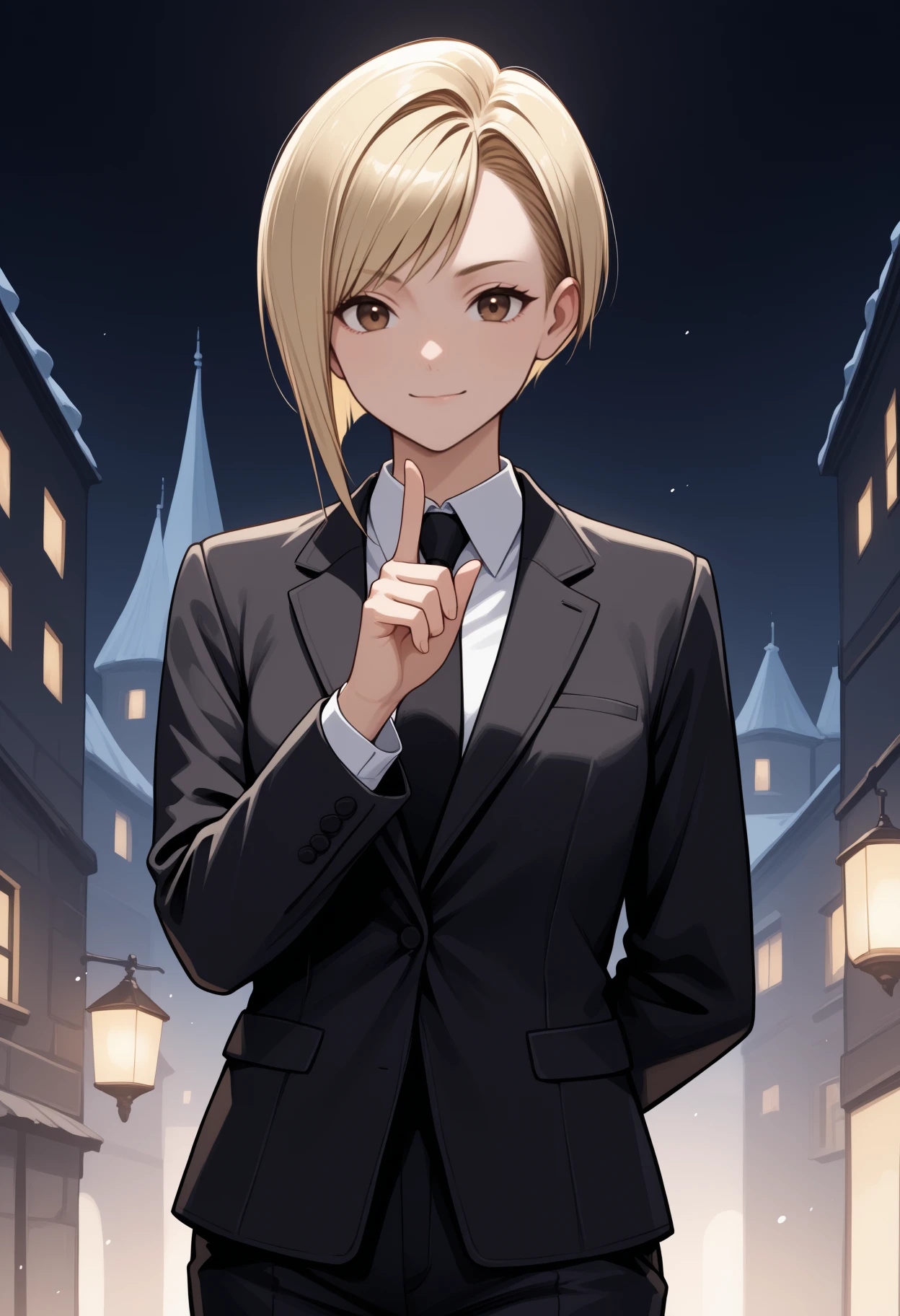 masterpiece, best quality, <break> solo, 1girl, yrena, slight smile, closed mouth, looking at viewer, standing, arm behind back, index finger raised, pointing up, short hair, blonde hair, asymmetrical hair, swept bangs, brown eyes, formal, black suit, black jacket, suit jacket, long sleeves, white shirt, collared shirt, black necktie, black pants, outdoors, dark background, town
<segment:yolo-Anzhc Face seg 640 v2 y8n.pt,0.4,0.5//cid=1>