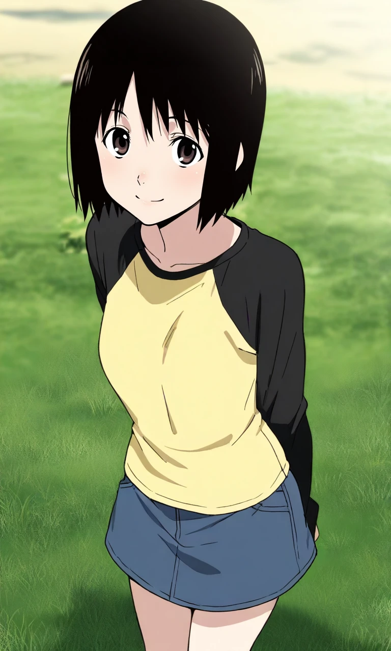 masterpiece, best quality, high resolution, absurdres, 1girl, nakahara_misaki, brown_eyes, black_hair, short_hair, bob_cut, small_breasts, yellow_shirt, raglan_sleeves, long_sleeves, black_sleeves, denim_skirt, blue_skirt, looking_at_viewer, arms_behind_back, smile, outdoors, grass, sky,