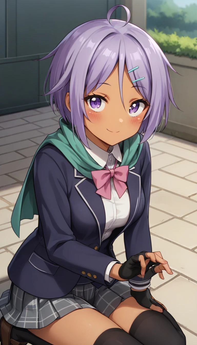 score_9,score_8_up,masterpiece,best quality,correct anatomy,anime_source,1girl,solo,perfect eyes,perfect arms,perfect legs,perfect face,outdoors,upper body,(portrait:1.5),looking at viewer,facing viewer,smile,blush,dark-skinned female,ahoge,short hair,purple hair,hair ornament,hairclip,hair between eyes,parted bangs,purple eyes,green scarf,school uniform,grey jacket,Blazer,pink bowtie,white shirt,collared shirt,long sleeves,fingerless gloves,black gloves,medium breasts,miniskirt,grey skirt,pleated skirt,plaid skirt,thighs,zettai ryouiki,black thighhighs,loafers,brown footwear,<lora:Ren(tsdnod)-Pony:1.4>,