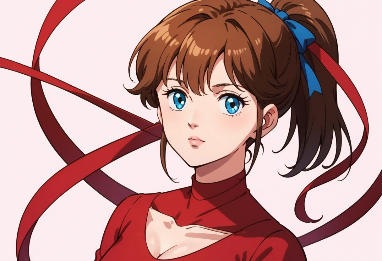 core_9, score_8_up, score_7_up, anime_source, 
 face ,closeup, haki_gym, haki_leotard , red leotard, brown ponytail, red long sleeves, upper body,blue eyes, ribbon ,looking at viewer, masterpiece, best quality, mature woman, solo, retro artstyle,