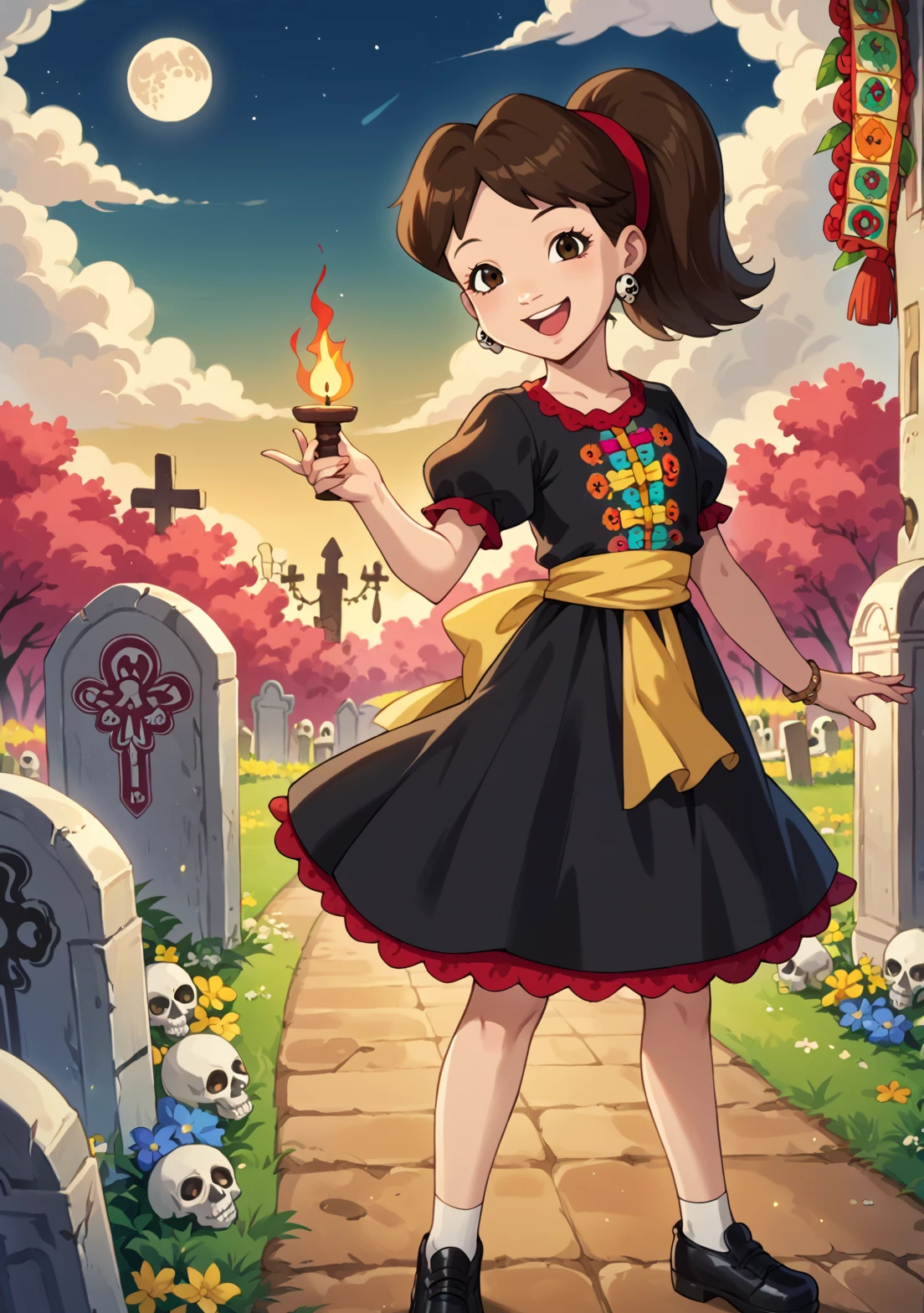 score_9, score_8_up, score_7_up, source_anime, Emmy_(Dragon Tales), 1girl, solo, Emmy, brown hair, ponytail, red hairband, brown eyes,  sugar skull earrings, red dress, yellow sash, legs, smile, open mouth, looking at viewer,  jewelry,  looking at viewer,  solo focus, full body, cloud, marigold flowers, flowers,  night, moon,  candles, dia de muertos, mexico, black dress shoes, black footwear, (graveyard:1.2)   <lora:EmmyDragonTales-000009:0.7>