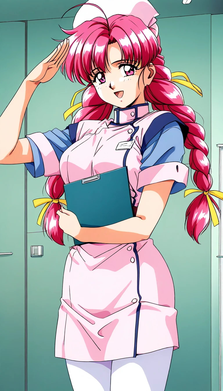 general,highres, ultra-detailed,very aesthetic,best quality ,best hands,  BREAK,  <lora:Makino_Rie_OVA_IS:1>, Makino_Rie_OVA, 1girl,solo, long hair, pink hair, 1990s \(style\),anime coloring, nurse, nurse cap,
twin braids, bangs, hair ribbon, Yellow ribbon, large breasts, ahoge, pink eyes, BREAK, salute,
open mouth, looking at viewer, holding, indoors, pantyhose, smile, short sleeves, ribbon, cowboy shot,