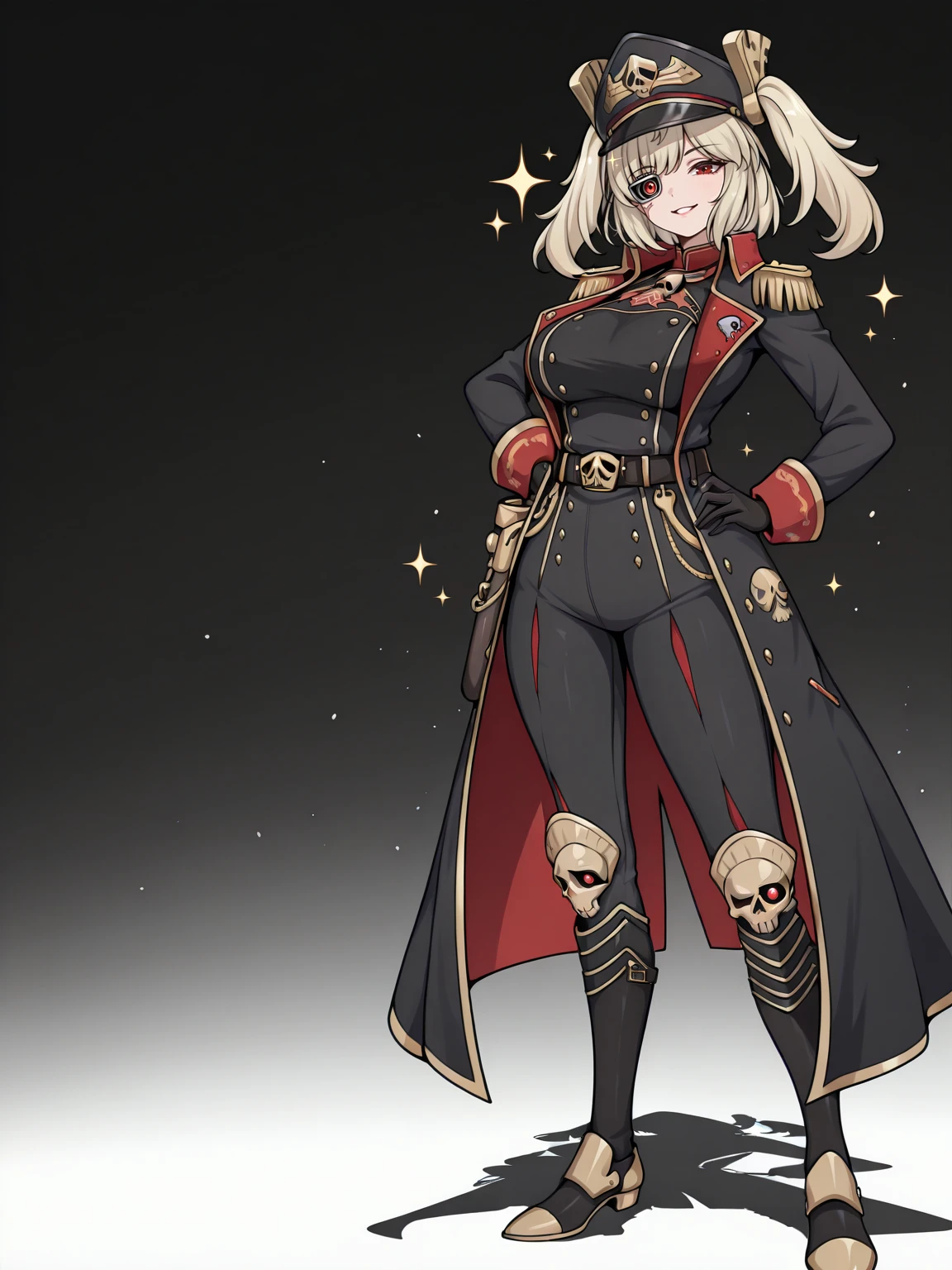 Masterpiece,best quality,1girl,long hair,solo,vector art,looking at viewer,parted lips,smile,full body,standing,
edgCommissar, long hair, looking at viewer, gloves, long sleeves, jacket,  belt, uniform, coat, black jacket, hand on hip, sparkle, black headwear, scar, epaulettes, black coat ,wearing edgCommissar,artificial eye,skull emblem,millitary uniform,
 <lora:edgIllustriousXLCommissar:1>
 <lora:Hoseki_ZenlessZoneZero_BurniceWhite_IllustriousXL_v1:1> brncwht, red eyes, blonde hair, medium hair, twintails, hair ornament, large breasts