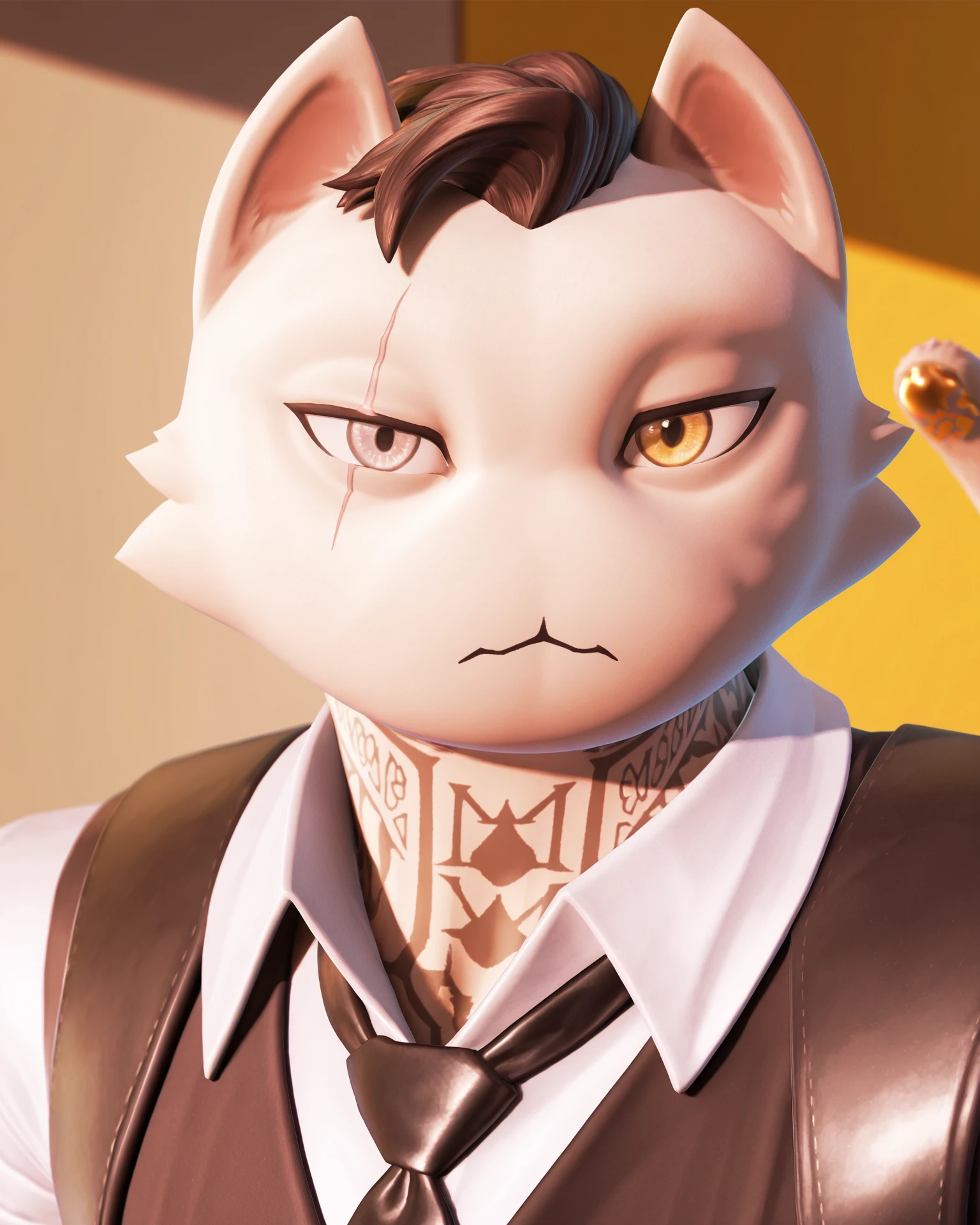 masterpiece, best quality, amazing quality,
solo, 1boy,
meowdasfort, humanoid, anthro cat, furry, animal ears, tail, heterochromia, one yellow eye, tattoo, suit,
looking at viewer, upper body, close up,
<lora:Meowdas:1>,