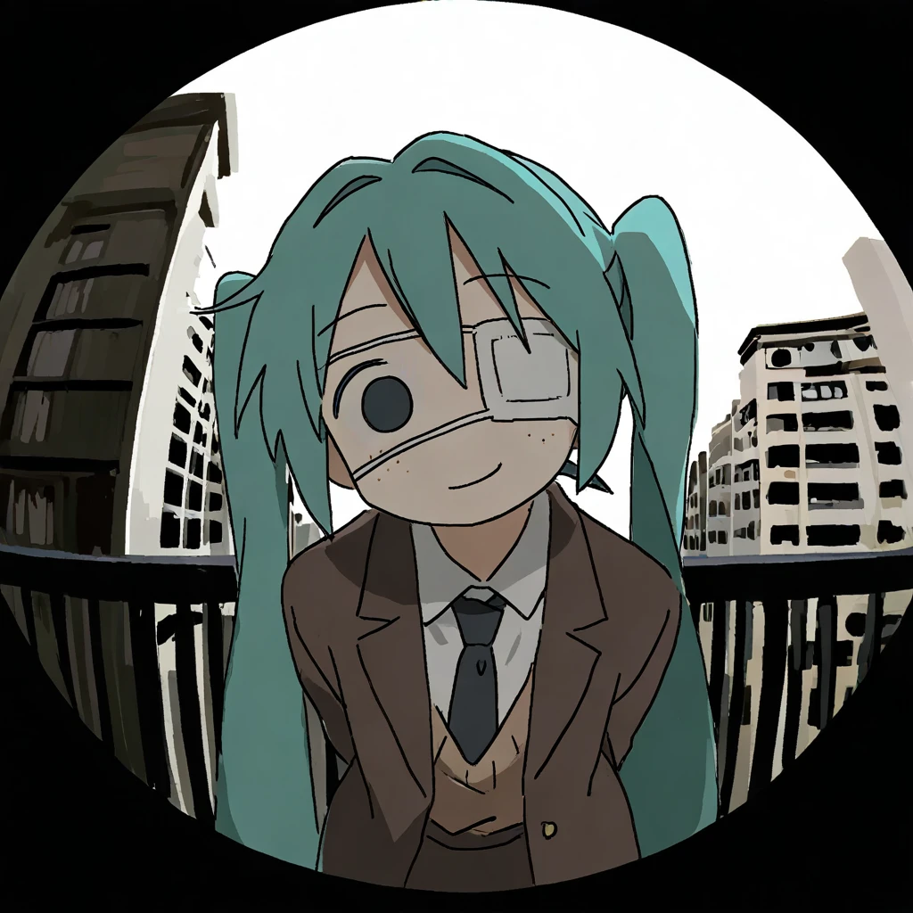 masterpiece, best quality, very aesthetic BREAK muji \(uimss\), 1girl, hatsune miku, medical eyepatch, black blazer, serafuku, brown vest, smirk, wide-eyed, smile, yandere, black necktie, arms behind back, leaning forward, eye focus, head tilt, freckles, (fisheye:1.5), hair intakes, from above, depth of field, leaning forward, (foreshortening:1.5), apartment, railing, building, shirt tucked in, white shirt, solid circle pupils, black eyes, vignetting, three quarter view, peephole, 
 <lora:prasetyoadii22:0.8>