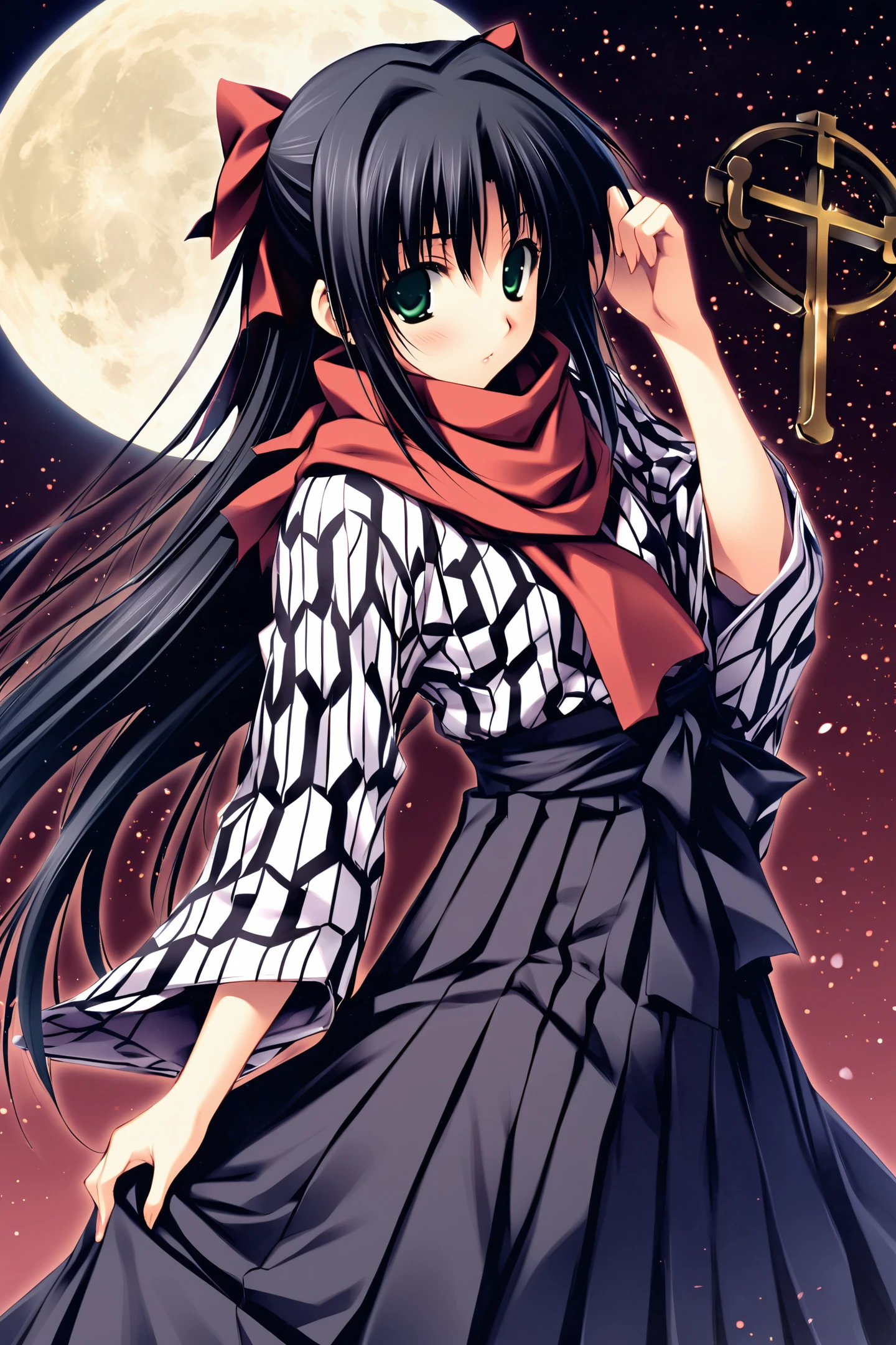 Kouzuki Kazuna,1girl,solo,long hair,scarf,cross,moon,black hair,agasuri,japanese clothes,green eyes,hakama skirt,hakama,meiji schoolgirl uniform,black skirt,looking at viewer,
<lora:Sugina Miki_XL:0.8>,