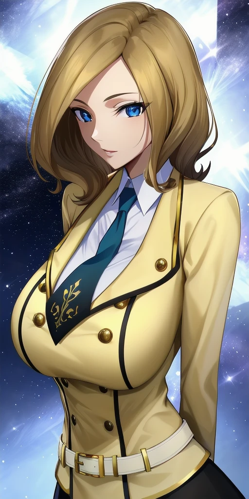 <lora:MillyV3:0.7> milly_ashford, huge_breasts, standing, solo, arms_behind_back, starry_sky, yellow_jacket_white_collared_shirt_green_necktie_green_skirt_belt, masterpiece, best_quality, detailed_face, detailed_eyes, highres, beautiful, detailed, absurdres,