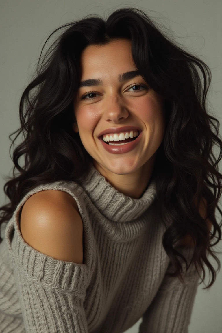 photo of dualflx.  a woman posing in a studio. close up. smile. High resolution, turtleneck_sweater, dynamic pose. sexy look.