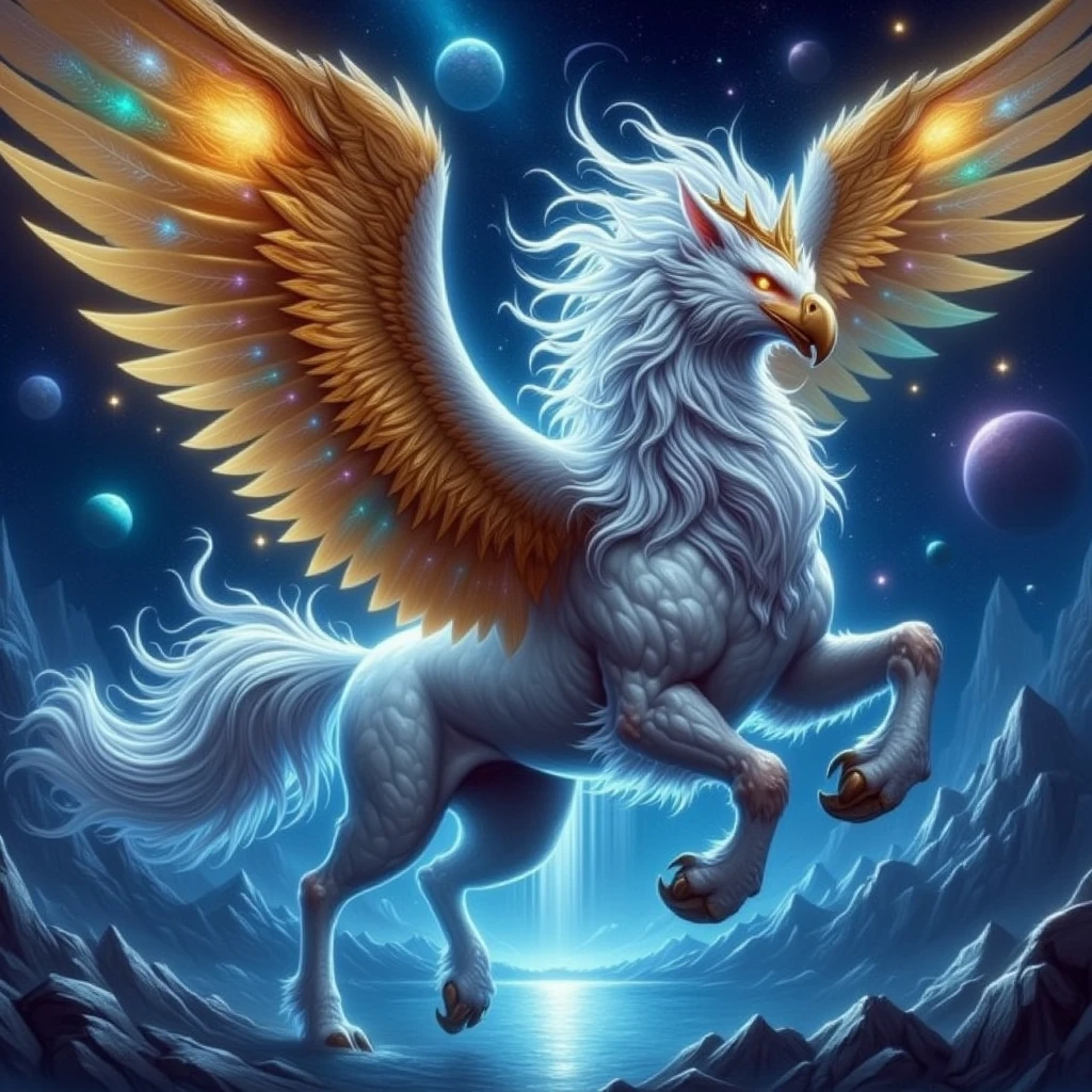 anime artwork hippogriff, horse and eagle, a masterpiece of a hippogriff in a stunning, ethereal fantasy ambience. The scene is beautiful and magical, vibrant colors. Incorporate dynamic shadows and dramatic lighting, with soft shadows enhancing the depth of the scene. Set the mood during a storm,  cold colors, capturing the cinematic essence of the creature as it prances gracefully in a mystical mountain with a waterfall. Its powerful strong wings shimmer in glorious hues gold majestic colors, catching the soft, magical light that illuminates this enchanting creature. Thehippogriff feathers gleam like metallic liquid, and it has a majestic feathery crown on top of the head, reflecting the vibrant colors. Use volumetric lighting to create an ethereal atmosphere, with a starry sky and beautiful planets. The scene should be filled with magic and myth, with intricate details that draw the viewer into this fantastical realm." highly detailed <lora:hippogriifns:1>grfx, hprfx . anime style, key visual, vibrant, studio anime,  highly detailed