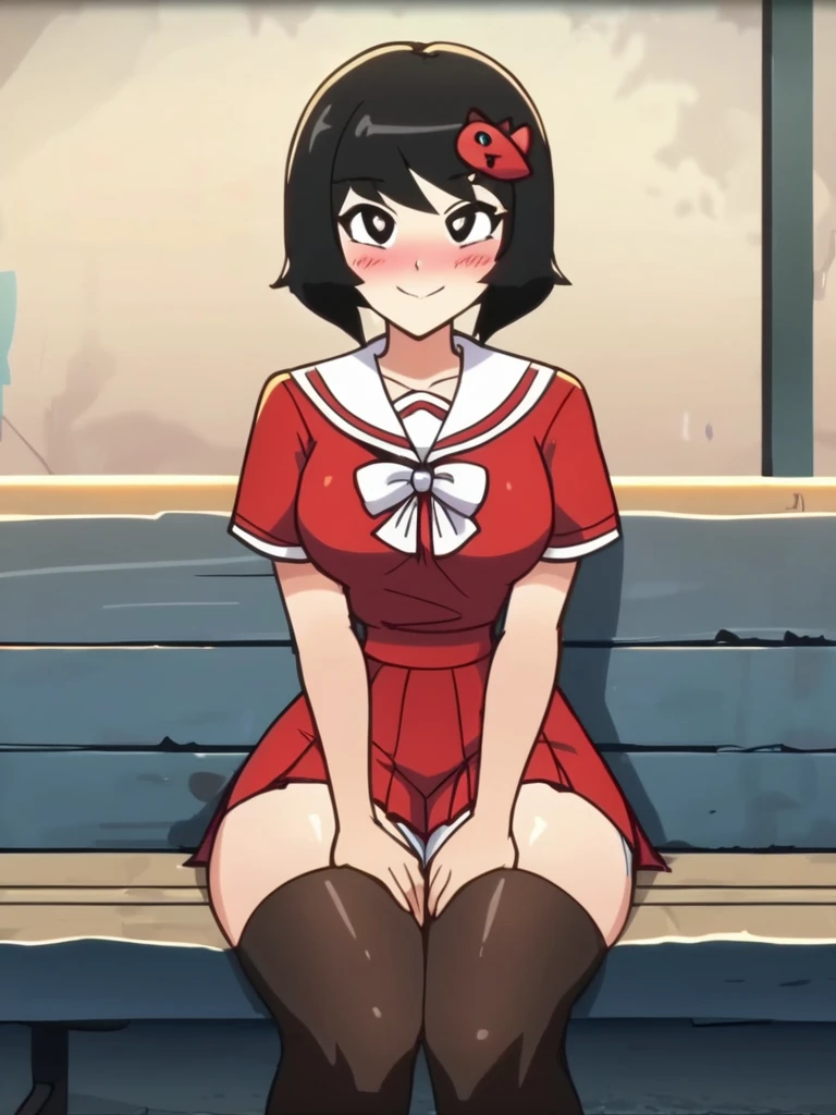 score_9, score_8_up, score_7_up, girl sitting in a bench, hands on thighs, long black hair, school uniform, skirt, black thighhighs, cute hair ornament, bright pupils, blush, medium breasts, narrow waist, wide hips, thick thighs, looking at viewer, cowboy shot, dynamic pose, cute, wide shot, solo, sexually suggestive, light smile,
<lora:ADerpixon_style:0.8>, DerpixonXL, cartoon, anime screencap, anime coloring,