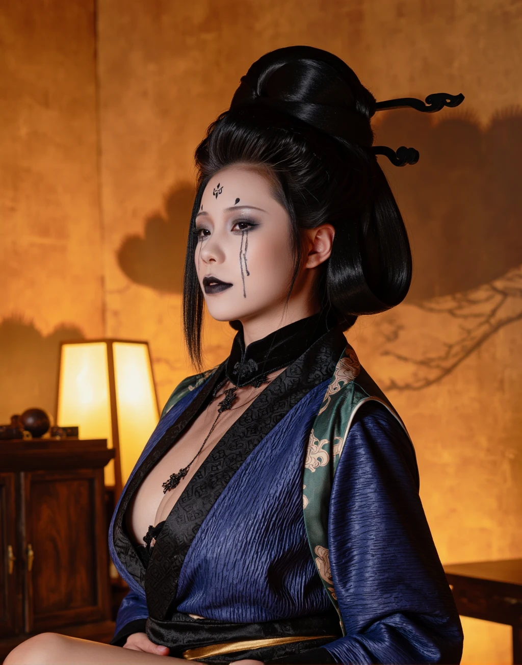 The image is a high-resolution photograph of a young woman with an East Asian appearance, likely of Japanese descent, dressed in elaborate, traditional Japanese attire. She is seated against a warm, textured background that resembles ancient parchment or stone, giving an aged, historical ambiance. Her hair is styled in a sleek, straight bob with a traditional updo adorned with decorative black hairpins shaped like cranes or birds., <lora:Fourth_Sister-000005:0.8>