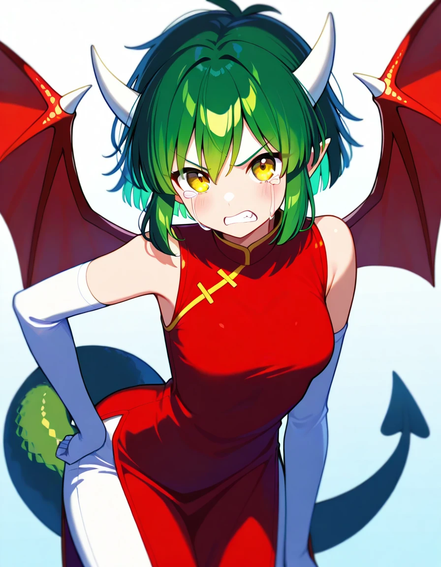 <lora:Pdoraco_SDXL_Illustrious01_fp16_ver02:1>,PdoracoR, 1girl,green hair, horns, red dragon wings,green dragon tail,yellow eyes,green hair,short hair,red china dress, white elbow gloves, white pants,angry,streaming tears,looking at viewer,, masterpiece, best quality, very aesthetic, absurdres,<lora:detailed_hands:1>,hand