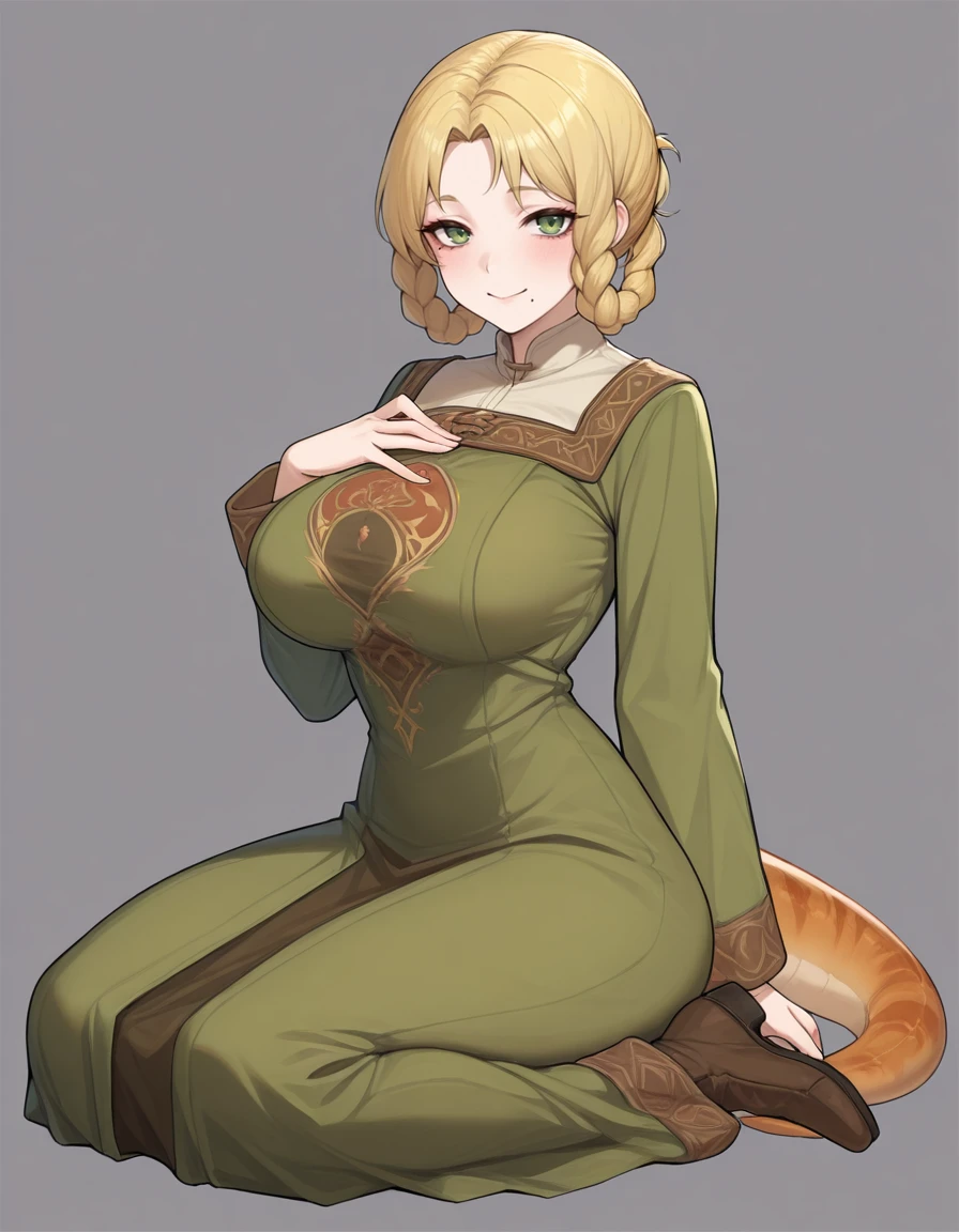 <lora:Rya:1>
ry4, 1girl, mole under mouth, lizard tail, green dress, sitting, large breasts, green eyes, blonde hair, grey background, smile, long sleeves, blush, looking at viewer, simple background, hand on own chest, brown footwear, full body, braided hair rings, masterpiece, best quality