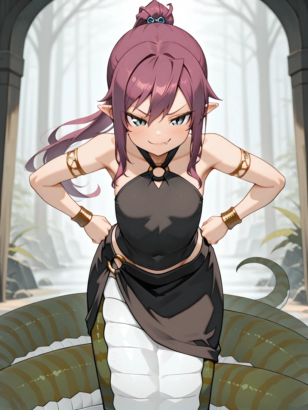 1girl, LmaTey, purple hair, ponytail, blue eyes, slit pupils, black skirt, o-ring, black shirt, sleeveless, jewelry, pointy ears, lamia,

(dynamic pose), hands on hips, smirk,

masterpiece, best quality,amazing quality, very aesthetic, absurdres, depth of field, blurry background, extremely detailed face, detailed eyes