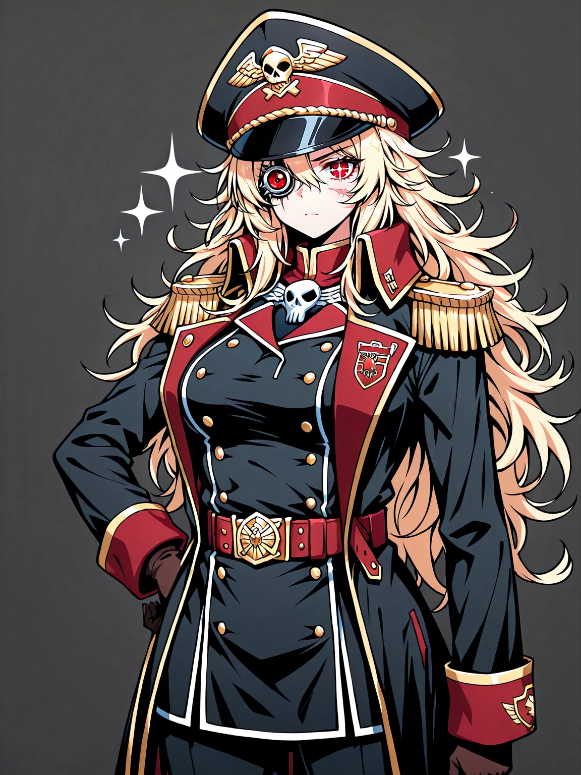 masterpiece, best quality,1girl,solo,messy hair,eagle emblem,
edgCommissar, long hair, looking at viewer, blonde hair, simple background, gloves, long sleeves, closed mouth, jacket, cowboy shot, belt, grey background, uniform, coat, black jacket, hand on hip, sparkle, black headwear, scar, epaulettes, black coat ,wearing edgCommissar,artificial eye,skull emblem,millitary uniform,hat
<lora:edgIllustriousXLCommissar:0.9>