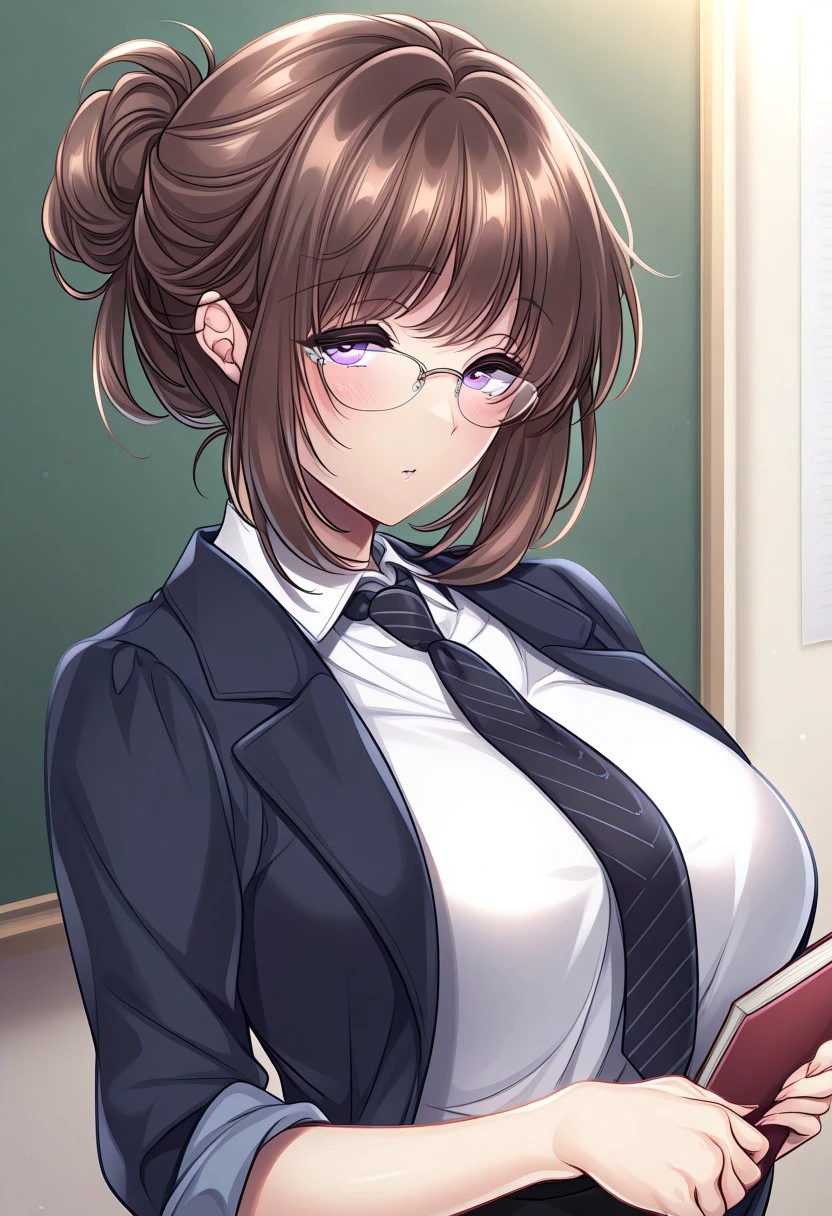 masterpiece, best quality, newest, highres, uncensored, 1girl, Hagino Umi,Brown Hair, Side Tail, Waist Length Hair,Violet Eyes,Big Breasts, Pale, Slim, Young-adult，
1girl,front view, looking at viewer, standing, upper body, holding a book, bangs, white shirt, teacher, shirt, blue jacket, glasses, single hair bun, necktie, rolled up sleeves, masterpiece, 8k, intricate details, ultra detailed, hyper detailed, ultra detailed hair, ultra detailed face, ultra detailed hair, ultra detailed body