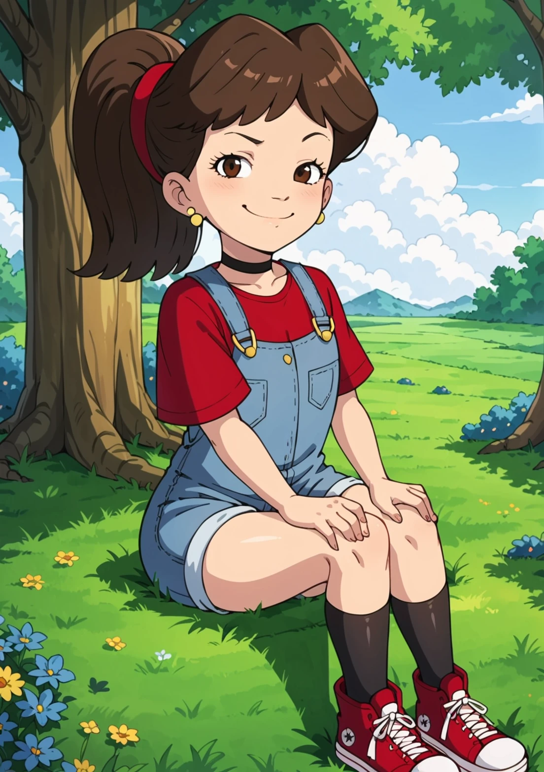 score_9, score_8_up, score_7_up, source_anime, BREAK, Emmy_(Dragon Tales), Emmy, 1girl, solo, brown hair, ponytail, red hairband, brown eyes, short sleeves, jewelry,  earrings, laying on grass, grass, flowers, looking at viewer, smug, smile, raised eyebrow, sky, full body, cloud, tree, hands on thighs, red footwear, red converse, shoes, solo, red shirt, black thighhighs, black choker,  1girl, overall shorts, overalls, legs, <lora:EmmyDragonTales-000009:1>