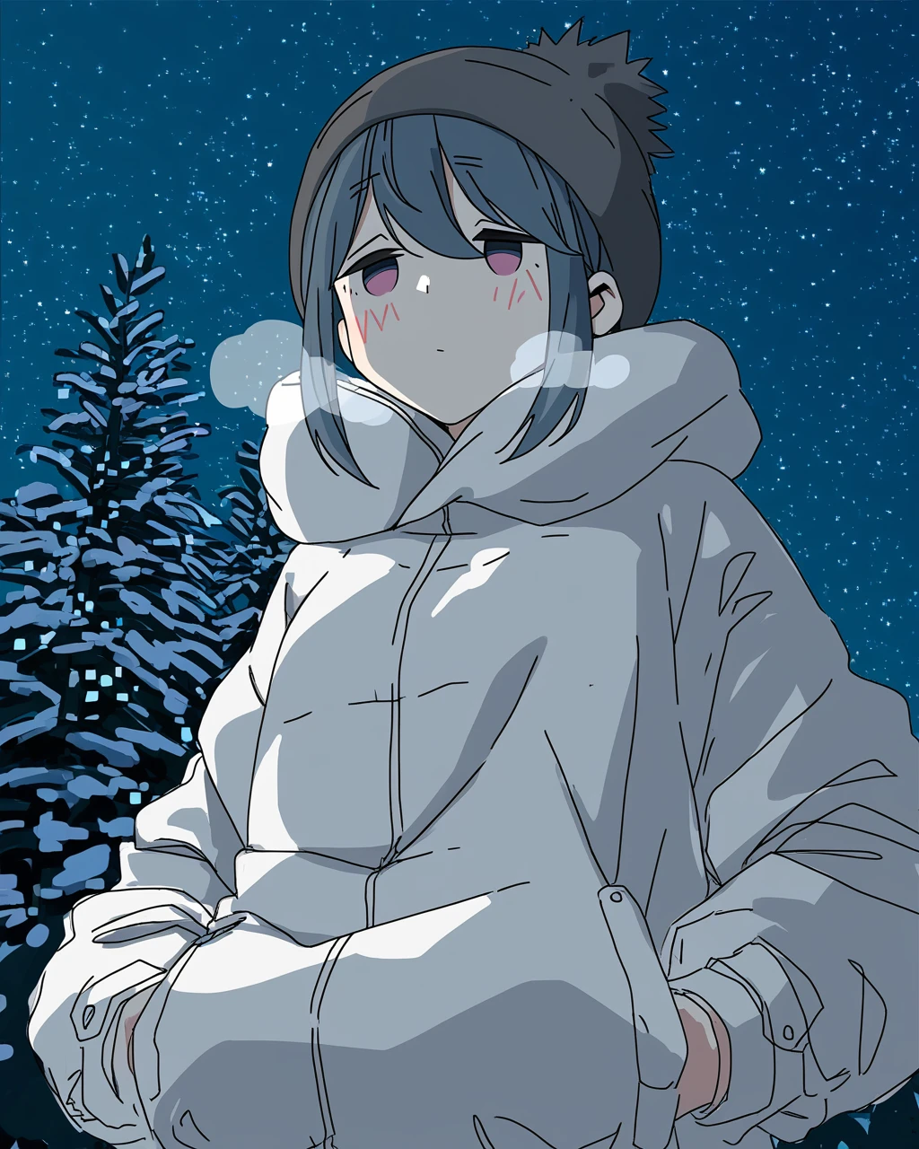 best quality, very aesthetic, very awa, outdoors, winter, night, trees, stars, yurucamp, official art, sketch,  BREAK
1girl, solo, shima_rin, parka, hat,  upper body, from below, blush, heavy breathing, white sclera, hands in pockets, half-closed eyes, 
BREAK
 <lora:prasetyoadii22:0.8>