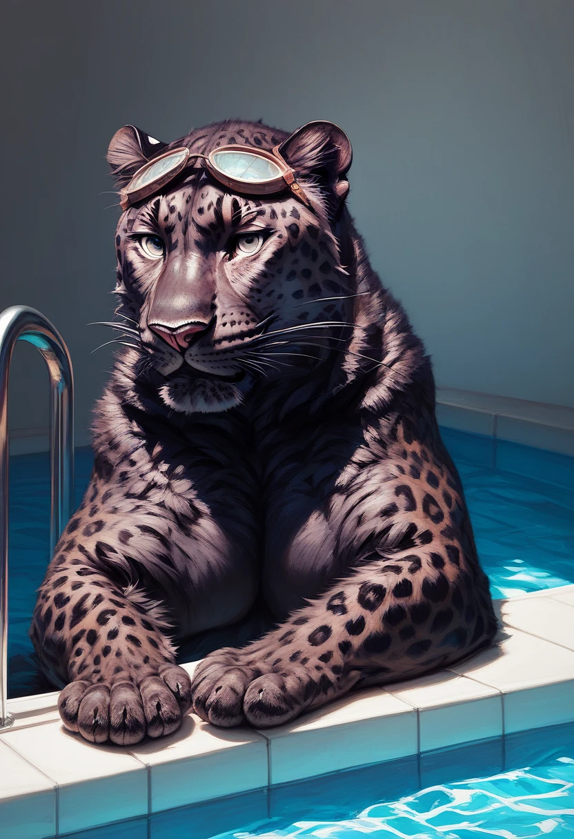 (score_9, score_8_up, score_7_up:1.3), solo, (feral, quadruped, leopard, melanistic:1.3), amurleopard, smile, goggles on head, wading pool, railing, dappled sunlight, silver eyes, black nose, detailed fur, photo background, intricate detail, 8k, best quality, masterpiece, amazing quality, best aesthetic, absurdres, <lora:amurleopard_pony_18-000011:1.2>