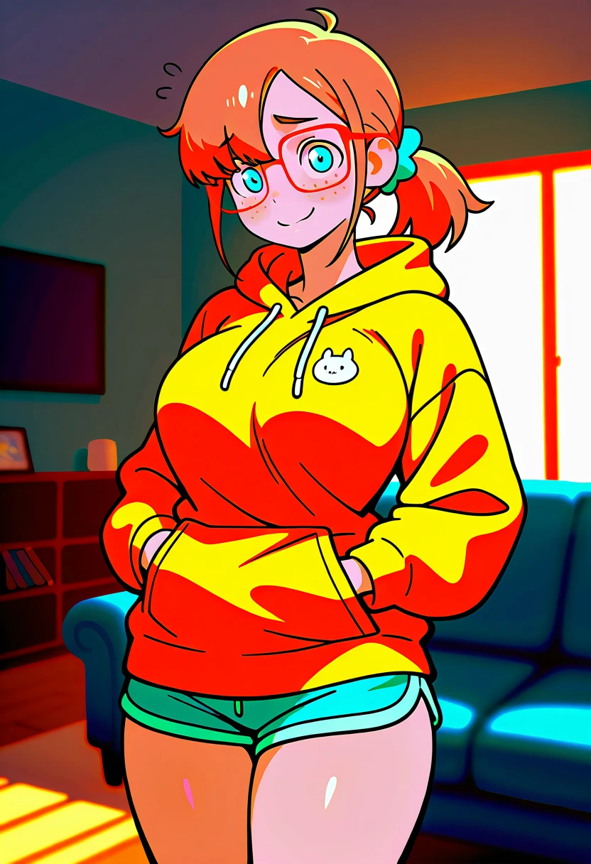 c0lodws, cowboy shot, 1girl, looking at viewer, nervous, smile, 
r1ta, 1girl, red glasses, long orange hair, ponytail, blue eyes, light freckles, pudgy, large breasts, oversized hoodie sweater, short shorts, 
indoors, living room, light shafts, daytime, celshaded,
masterpiece, best quality, detailed eyes, 