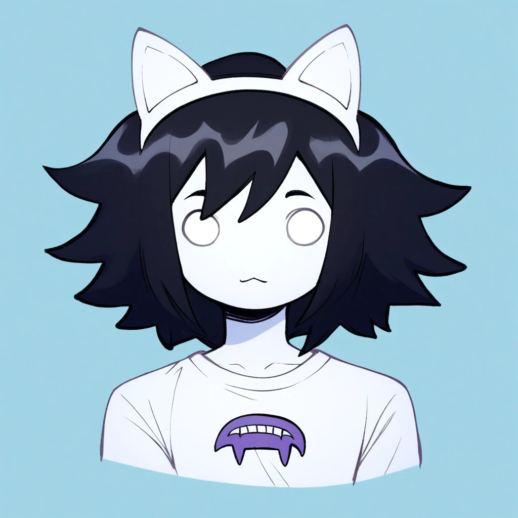 OverallDetail, angstrom, score_9, score_8_up, score_7_up, score_6_up, score_5_up, score_4_up, BREAK, Kiki Fukuoka, white eyes, no pupils, Colored skin, White skin, Black hair, Spiky hair, animal ears, cat ears, headband, :3, tail, white shirt, headshot, portrait,