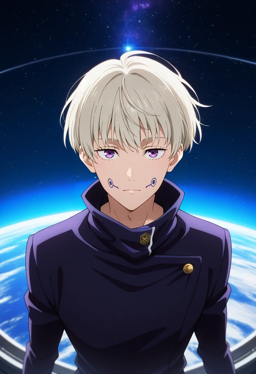 masterpiece, best quality, intricate details, anime screencap, , , looking at viewer, , 1boy, solo, male focus, <lora:toge_inumaki_ilxl:0.98>, toge_inumaki, white hair, purple eyes, short hair, bangs, hair between eyes, facial tattoo, gakuran, space station, earth view, star field, observation deck, floating pose, peaceful expression, space lighting,