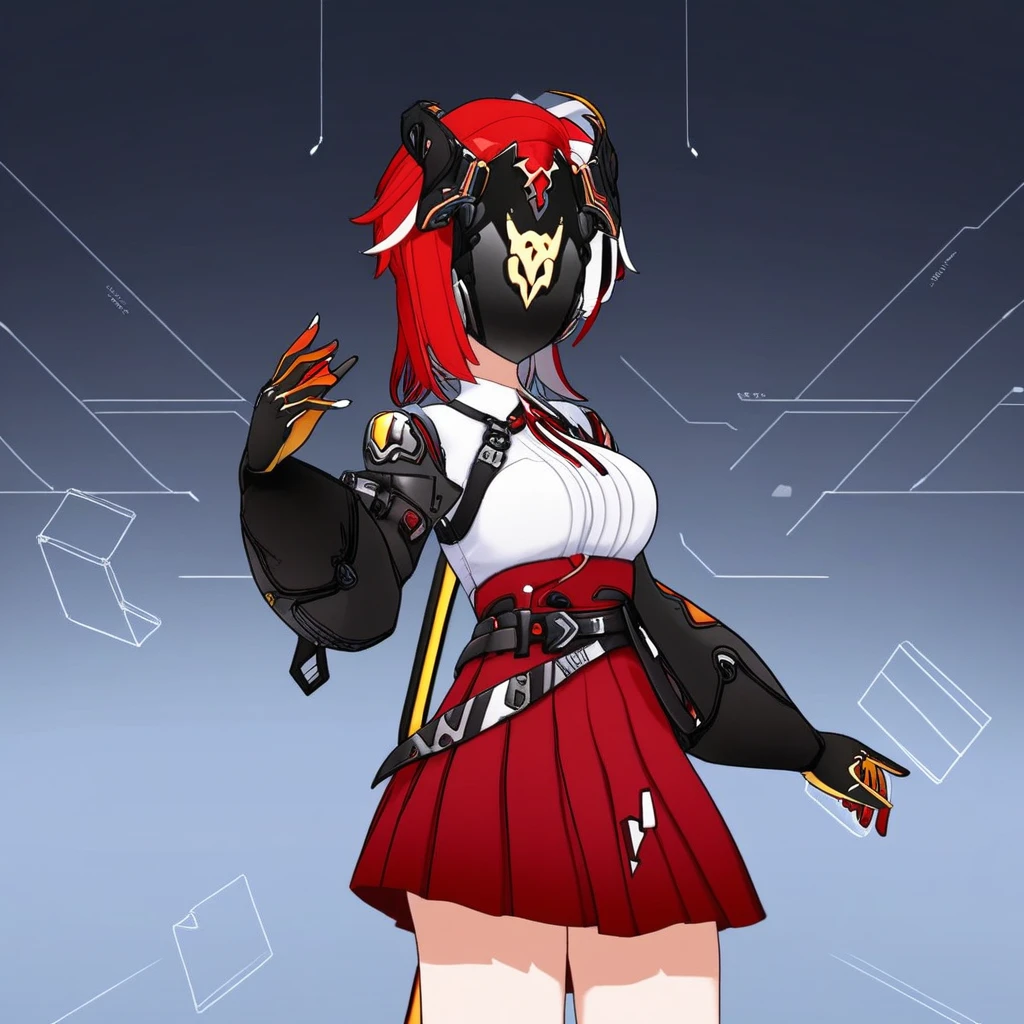 Aika, red hair, white shirt, red skirt, multicolored hair, white hair, gloves, mechanical arms, belt, high-waist skirt,  mask,