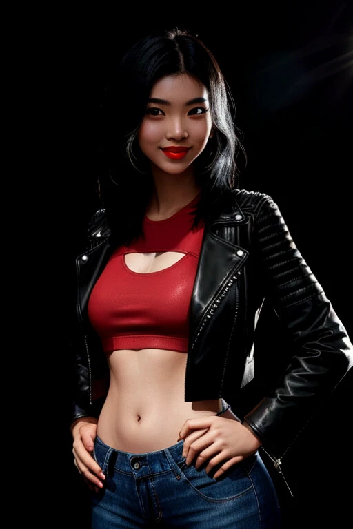 Fashion magazine cover photo of a young asian female model with jet black hair, bold red lipstick, detailed skin, leather jacket, posing confidently with hand on hip, upper body shot, studio backdrop, (bright fill lighting:1.4) from the front balancing out shadows, straight on angle, very shallow DOF, in an edgy style, (film grain)<lora:polyhedron_skinny_all:0.6>