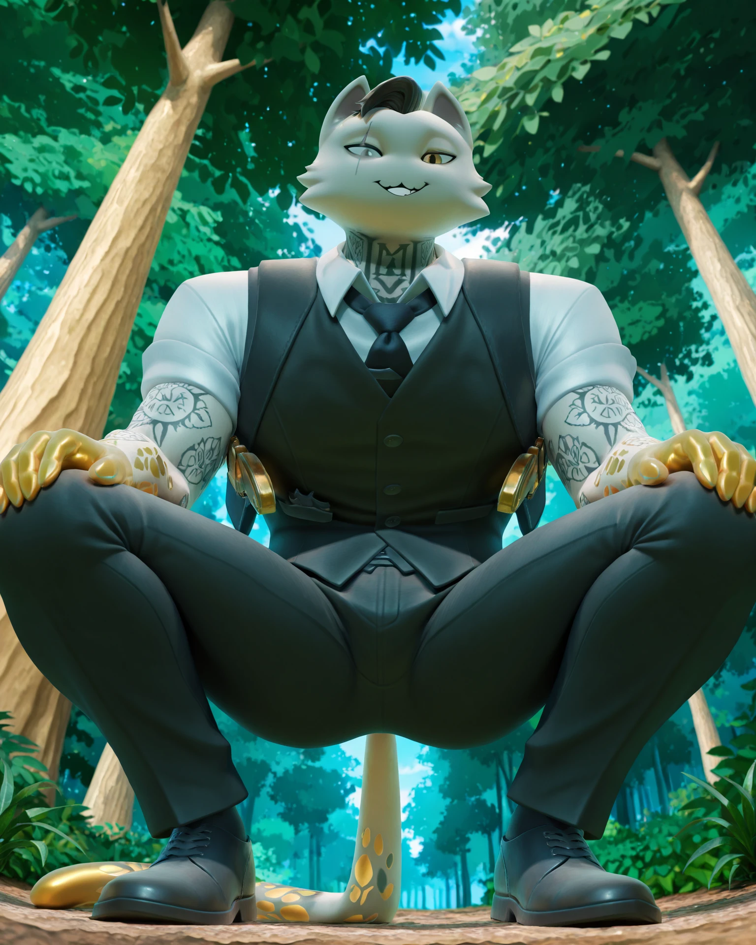 masterpiece, best quality, amazing quality,
solo, 1boy,
meowdasfort, humanoid, anthro cat, furry, animal ears, tail, heterochromia, one yellow eye, tattoo, suit,
looking at viewer, in forest, from below view, squatting, smile,
<lora:Meowdas:1>,