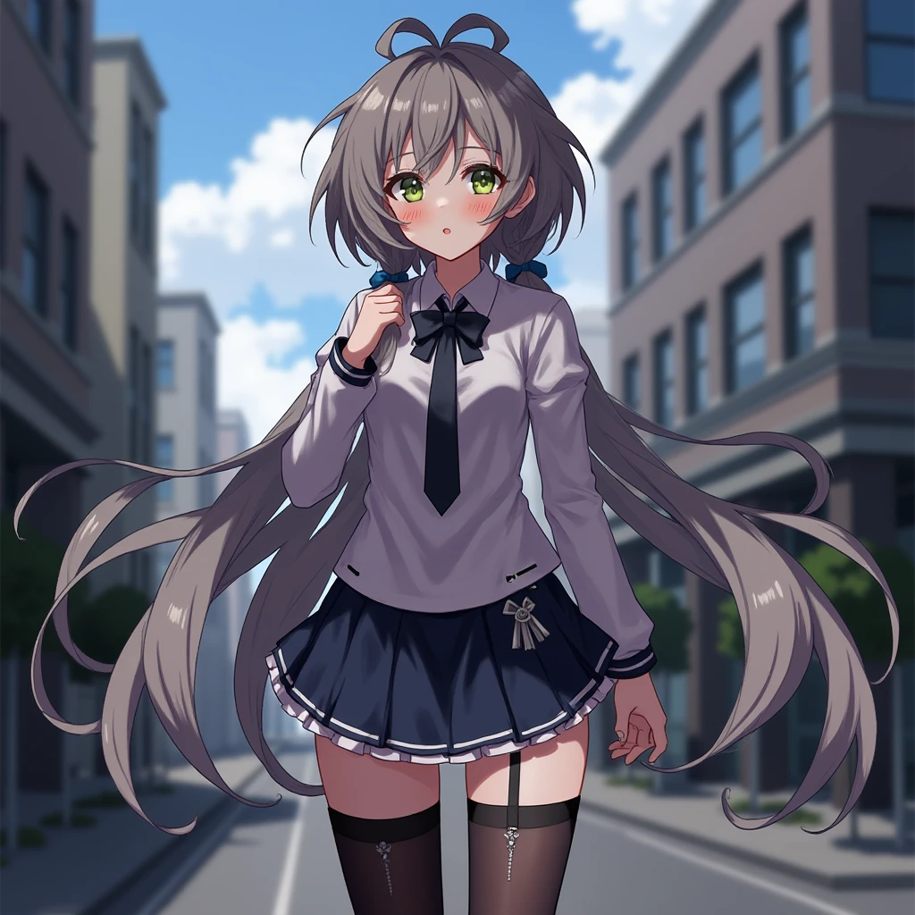 an anime girl,grey hair,black_thighhighs,in city