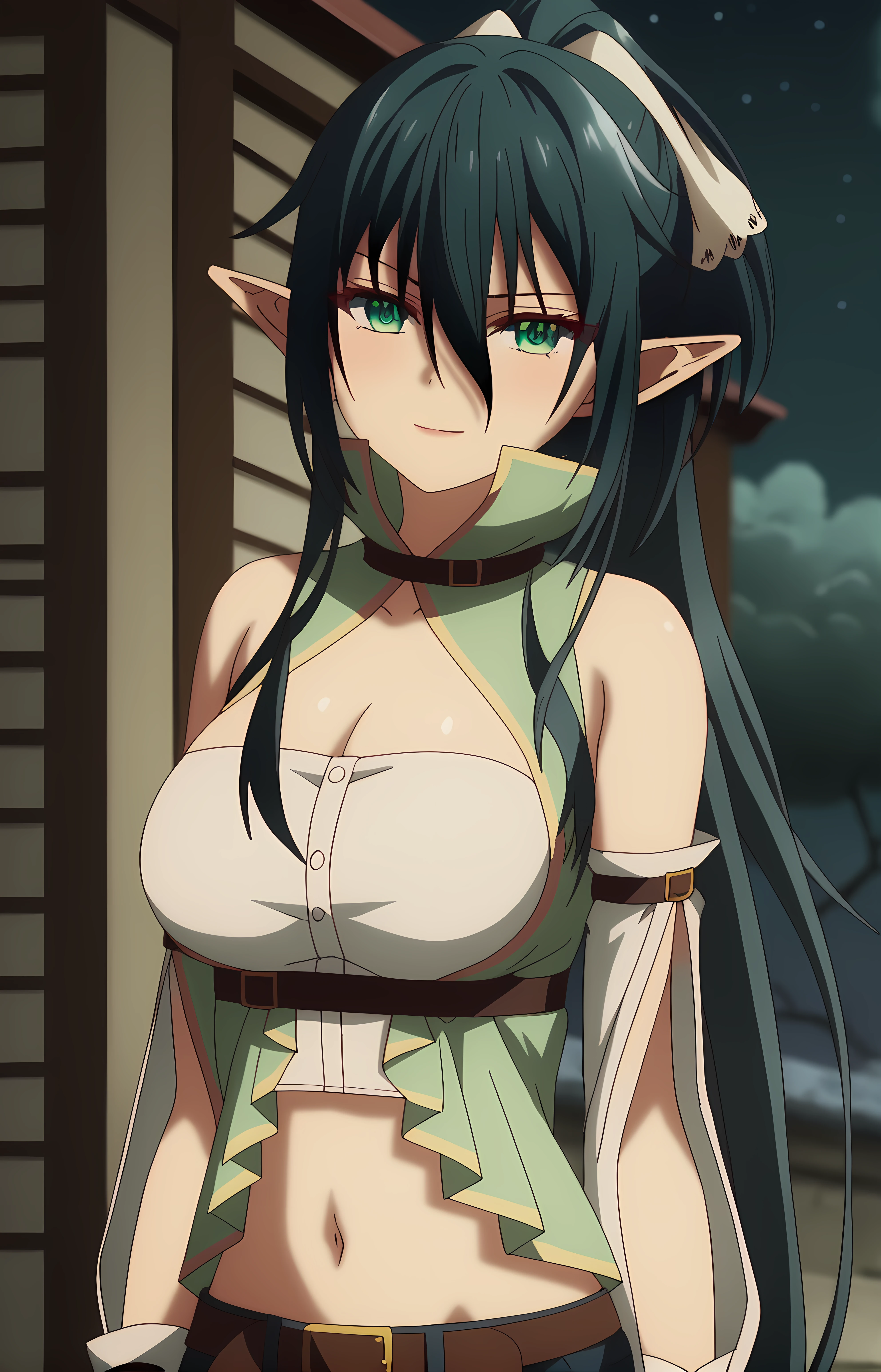 score_9, score_8_up, score_7_up, score_6_up, score_5_up, score_4_up, source_anime,looking at viewer, shiny skin, upper body, light smile, petite,ohwx, 1girl, long_hair, green_eyes, solo, pointy_ears, ponytail, elf, breasts, hair_between_eyes, black_hair, green_hair, cleavage, very_long_hair, thighhighs, medium_breasts, large_breasts, black_thighhighs, blue_hair,navel, shorts, cleavage, belt, midriff, brown_belt, bridal_gauntlets, detached_sleeves, crop_top, bare_shoulders, short_shorts, Japanese rock garden at night, moonlight illuminating stones, tranquil and mystical atmosphere,<lora:arle_kirlesio_pony_sobsynapse-000003:1>