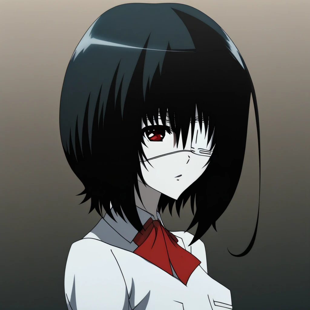 misaki mei (another), medium black hair, white eye patch right side, red eye left side, perfectly detailed, best quality, HD, HD body, large masterpiece digital art, perfect anatomy, anime coloring