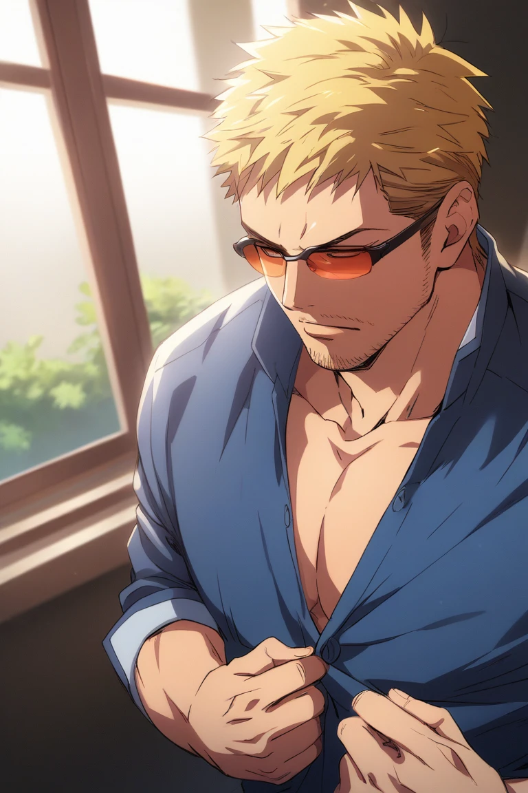 score_9, score_8_up, score_7_up, source_anime, rating_explicit, anime coloring, subsurface scattering, realistic shading, day, natural lighting, buttoning shirt, male focus, looking away, looking down, expressive face, KaneFF, blonde_KaneFF_short hair, KaneFF_facial hair, orange_KaneFF_sunglasses, 1boy, serious, shiniy skin, pectoral cleavage, shirt, indoors, window, from above, dutch angle, dynamic angle, intricately detailed illustration, depth of field, masterpiece, best quality, amazing quality, very aesthetic, absurdres, newest, anime screencap