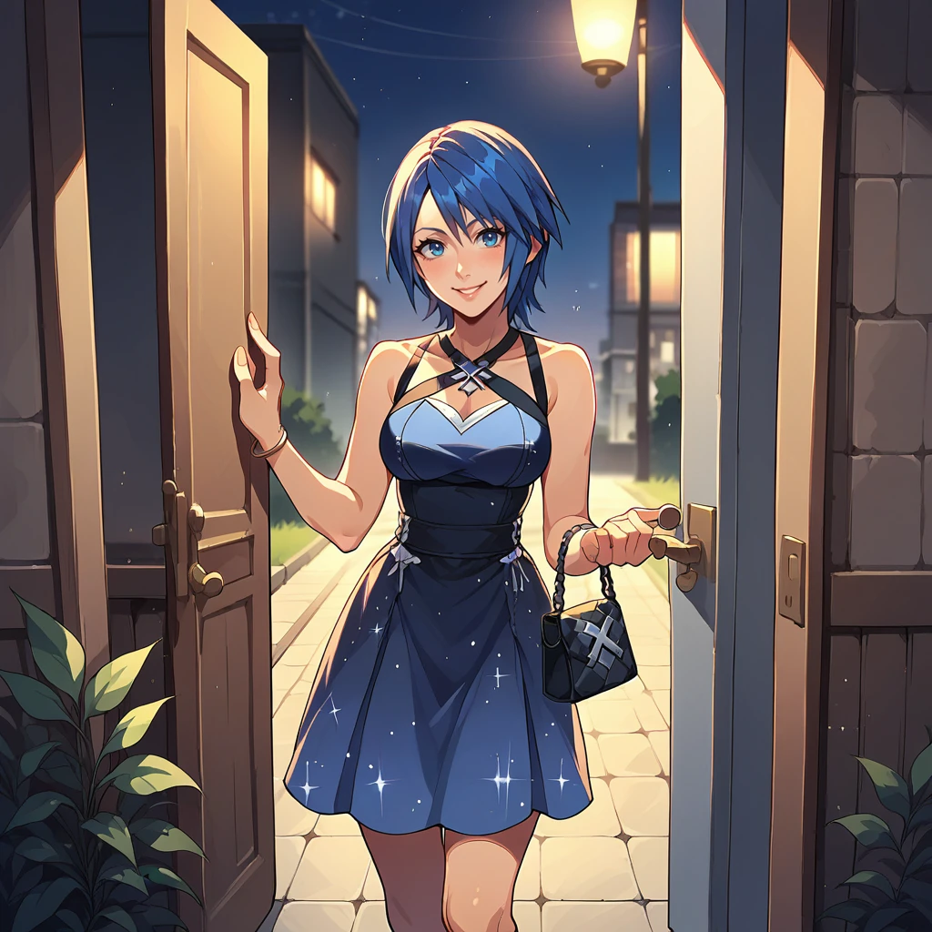 score_9, score_8_up, score_7_up, score_6_up, score_5_up, score_4_up, zPDXL2,source_anime,rating_questionable, 1girl, solo, standing, looking at viewer,  smile,night time, urban, sparkly dress, holding purse, blush,   <lora:Front_Door:0.7> d00r, looking at viewer, front door, outdoors, Aqua (Kingdom Hearts)