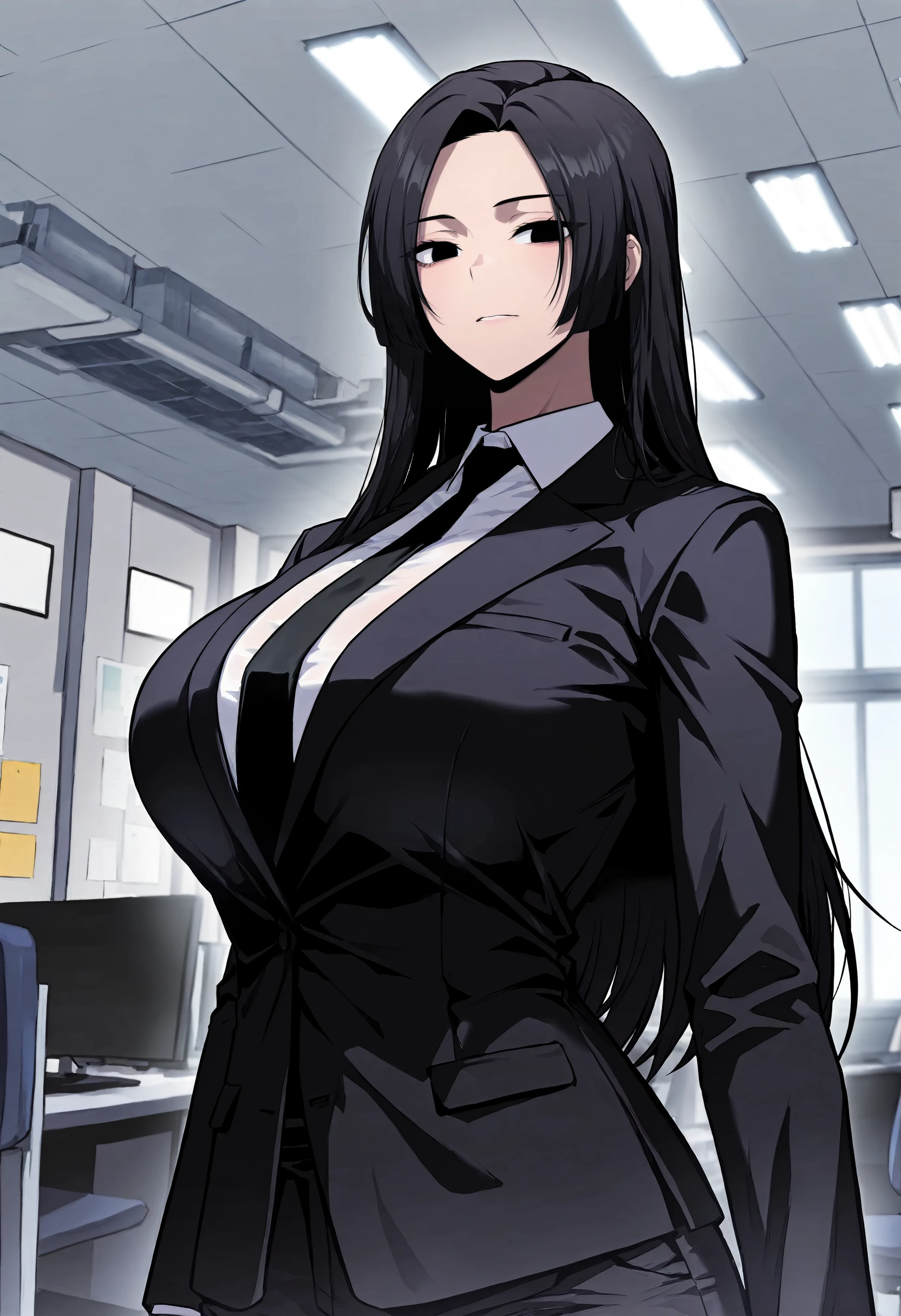 masterpiece, best quality, amazing quality, very aesthetic, absurdres, newest, scenery, 1girl, solo, huge breasts,<lora:Xuehua illustxl:1.0> black hair, black eyes, long hair, parted bangs, black jacket, black necktie, long sleeves, white shirt, collared shirt, black pants, upper body, standing, office room, inside, looking at viewer, shiny skin, masterpiece, best quality, amazing quality, very aesthetic, absurdres, newest, scenery