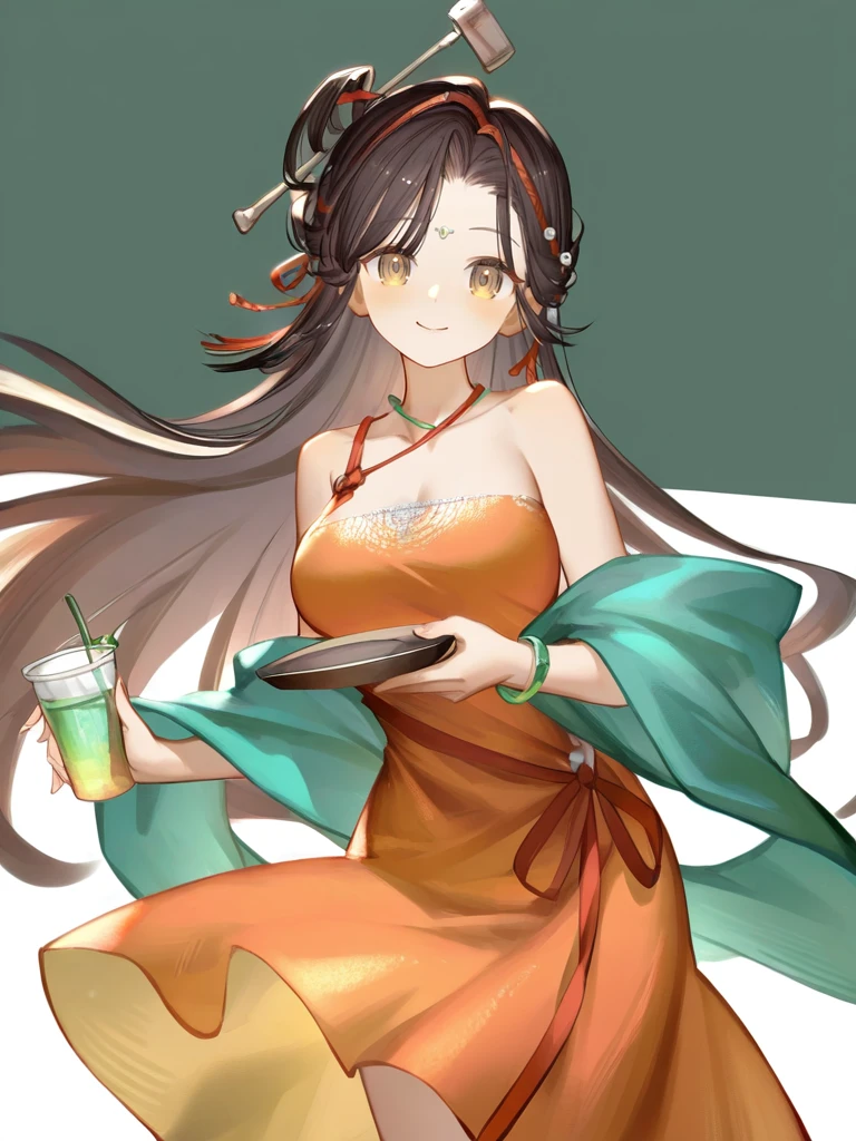 1girl,collarbone,jiu niangzi,looking at viewer,smile,solo,simple background,white background,,jiu niangzi\\(break\\),orange dress,bare shoulders,holding drink,cowboy shot,77gl, tianliang duohe fangdongye, <lora:jiuniangzi-000012:0.8>, masterpiece, best quality, very aesthetic, absurdres