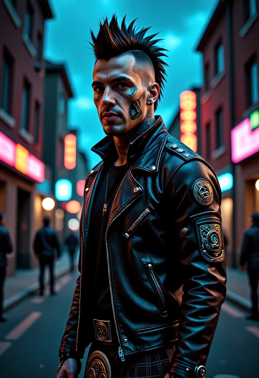 In a dystopian city, a celticpunk rebel with a Celtic twist stands tall. Their face, marked with intricate Celtic tattoos, tells a story of resistance and freedom. Dressed in a leather jacket adorned with Celtic symbols and a kilt, they exude an air of defiance. The city's neon lights reflect off their spiked mohawk, creating a unique, punk-inspired look. Their presence challenges the oppressive regime, embodying the spirit of Celtic rebellion and the fight for freedom. Celtic-inspired aesthetic incorporating punk elements, traditional Celtic music, augmented mechanical enhancements.  <lora:flux_trainer/fluxPunk_v1:1.0>