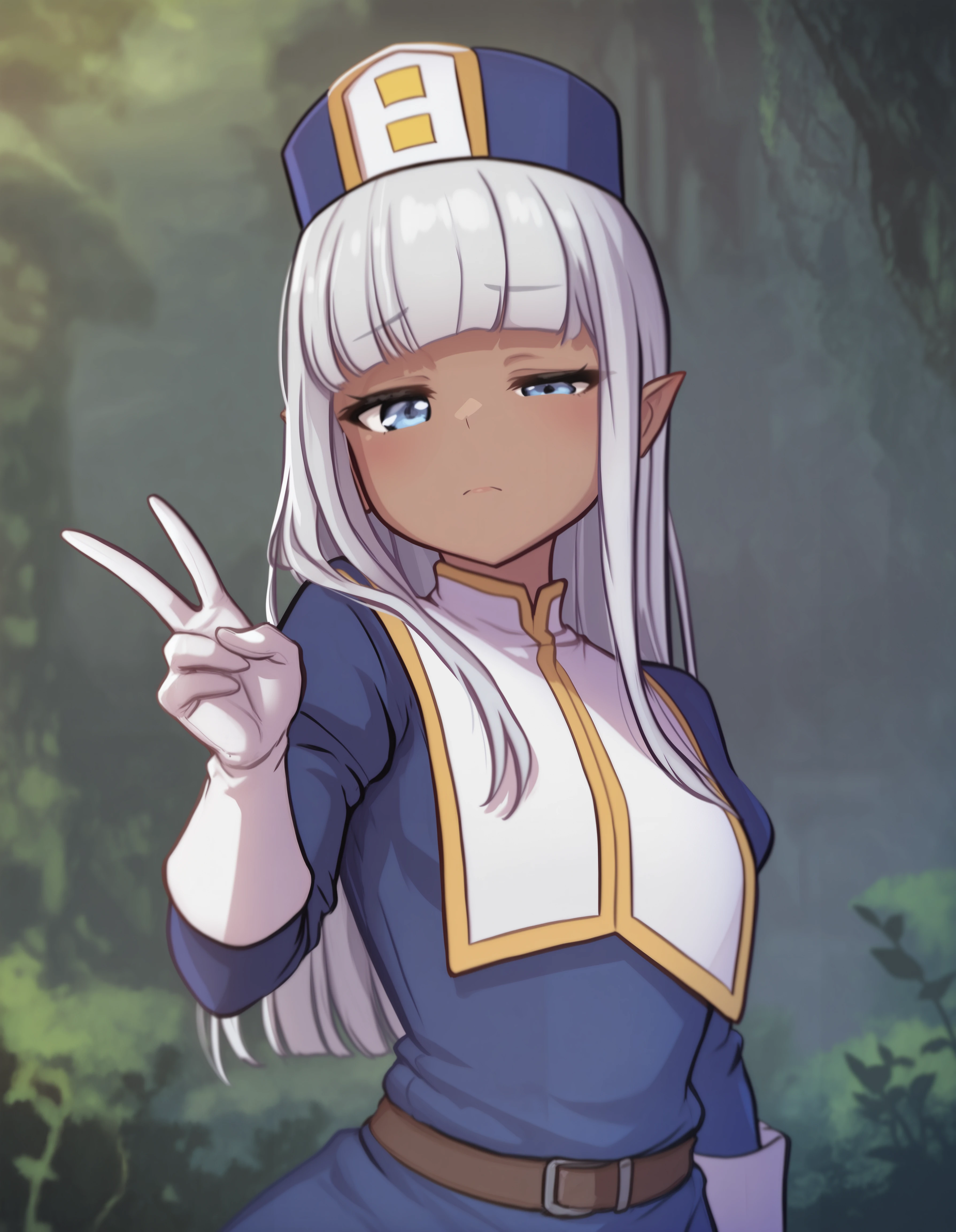 mitsuartstyle, karla (kono healer mendokusai), karlastyle, hat, dark skin, 1girl, light frown, solo, (half-closed eye:0.8), white gloves, upper body, small breasts, blue tunic, tunic, (disgust:0.7), karlastyle, v, standing, outdoors, nature, half-closed eye, masterpiece, best quality, newest, absurdres, highres