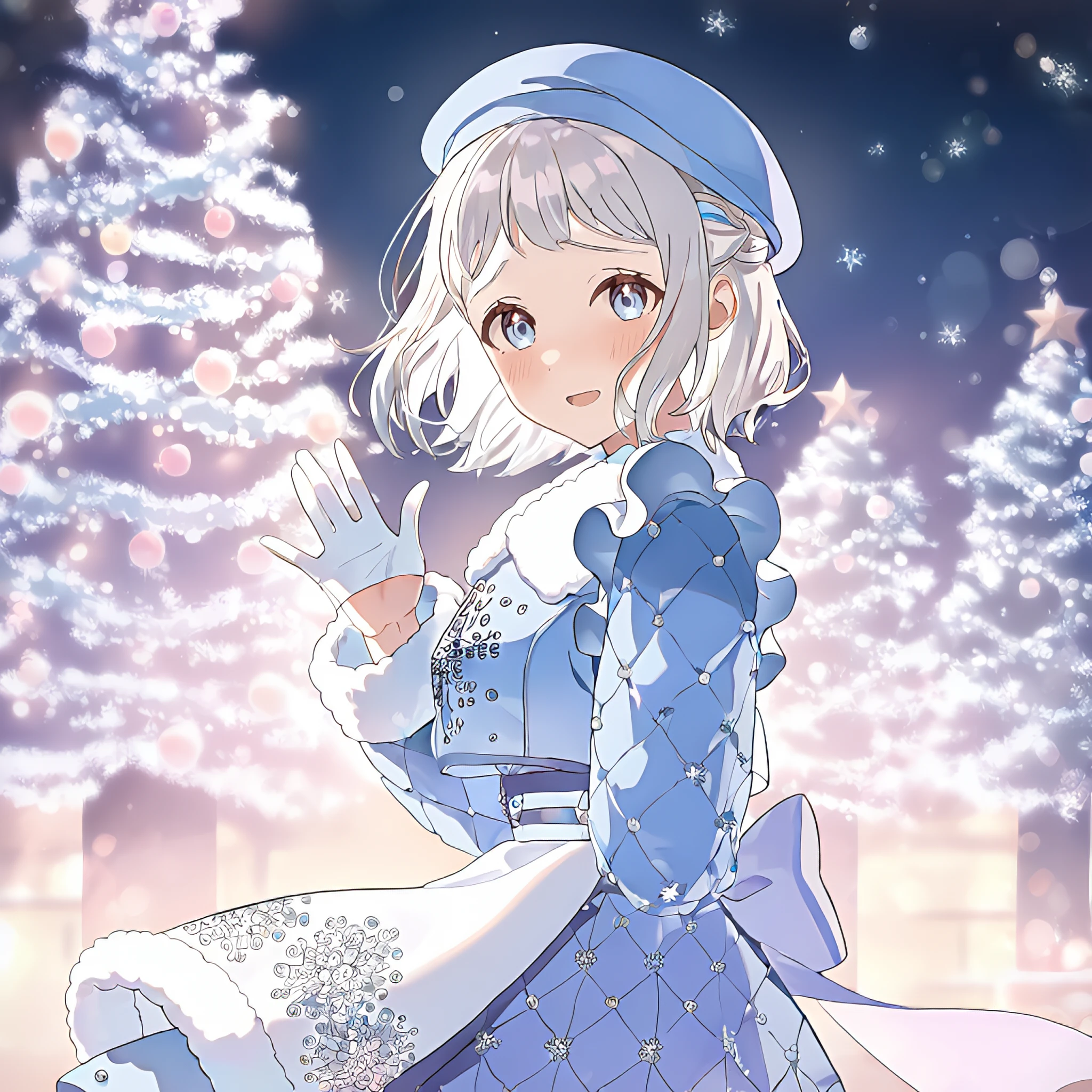 1girl, liljakatsuragi2, liljakmas2 dress, solo, blush, looking at viewer, liljakw2 gloves,light blue beret,smile,from side, jumping,

outdoors, A park adorned with Christmas lights,soft lighting,Snowfall,Park bench,dutch angle,

masterpiece, best quality, newest, absurdres, highres, nsfw,