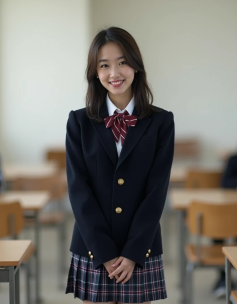 professional photograph of japanese asian woman stands wearing japanese school uniform outfit is coordinated with navy blazer and ribbon tie and plaid pleated skirt on the classroom with desks and chairs, <lora:japanese-school-uniform-blazer-v1-r10e2-flux1-dev:1>,
aidmafluxpro1.1, <lora:aidmaFluxPro1.1Stylev0.2:0.5>,