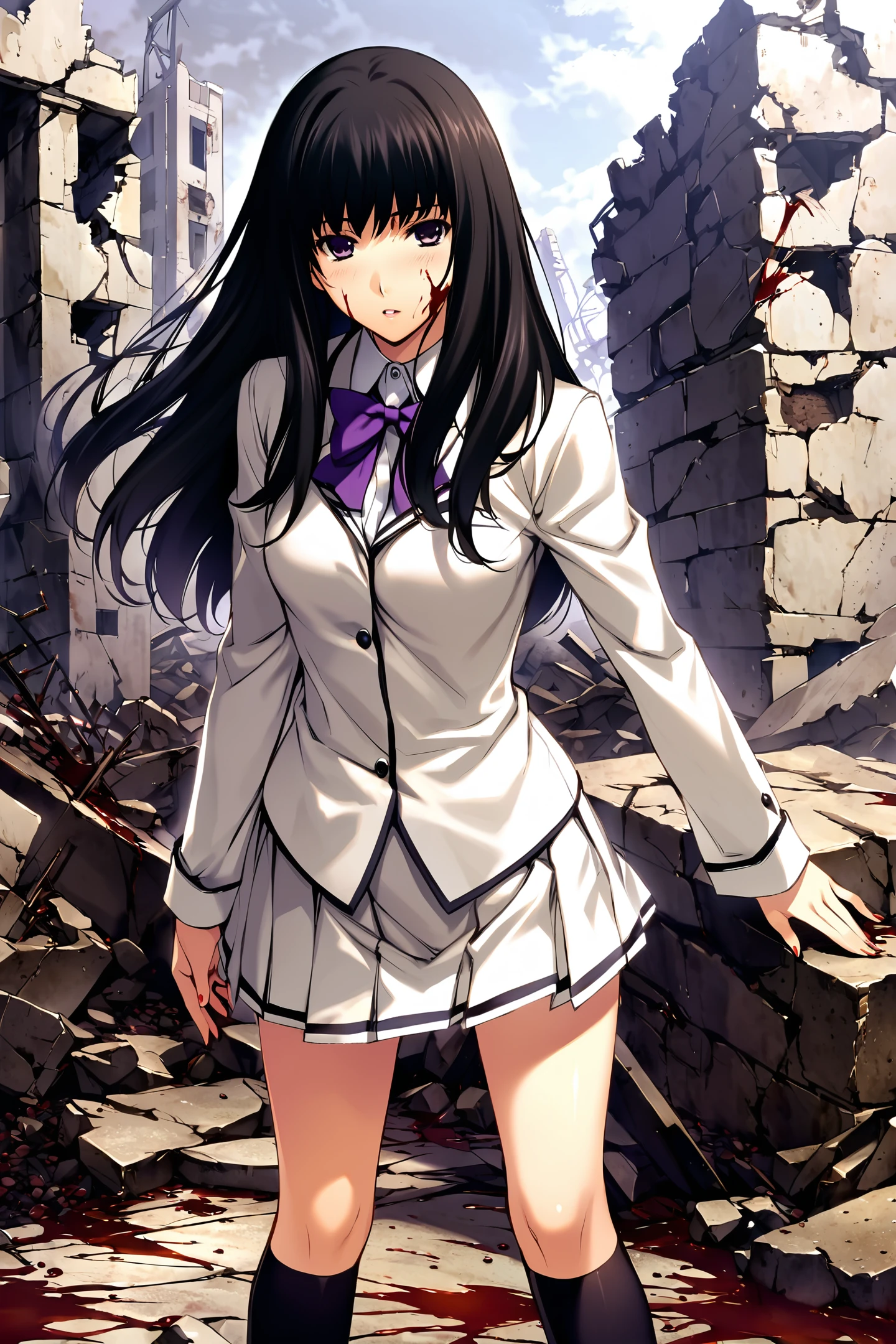 Kuchiki Touko,1girl,solo,long hair,blood,black hair,white uniform,school uniform,kneehighs,white skirt,socks,purple bow,ruins,blood on face,standing,
<lora:Sugina Miki_XL:0.8>,