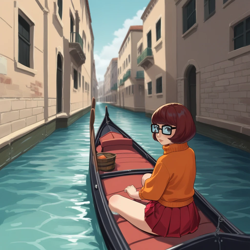 score_9, score_8_up, score_7_up, score_6_up, score_5_up, score_4_up, zPDXL2,source_anime,rating_questionable, 1girl, solo, sitting, looking at viewer, <lora:Gondola:0.7> g0nd0l4, outdoors, water, boat, sitting, venice canal, Velma Dinkley From Scooby Doo