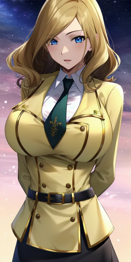 <lora:MillyV4:0.7> milly_ashford, huge_breasts, standing, solo, arms_behind_back, starry_sky, yellow_jacket_white_collared_shirt_green_necktie_green_skirt_belt, masterpiece, best_quality, detailed_face, detailed_eyes, highres, beautiful, detailed, absurdres,